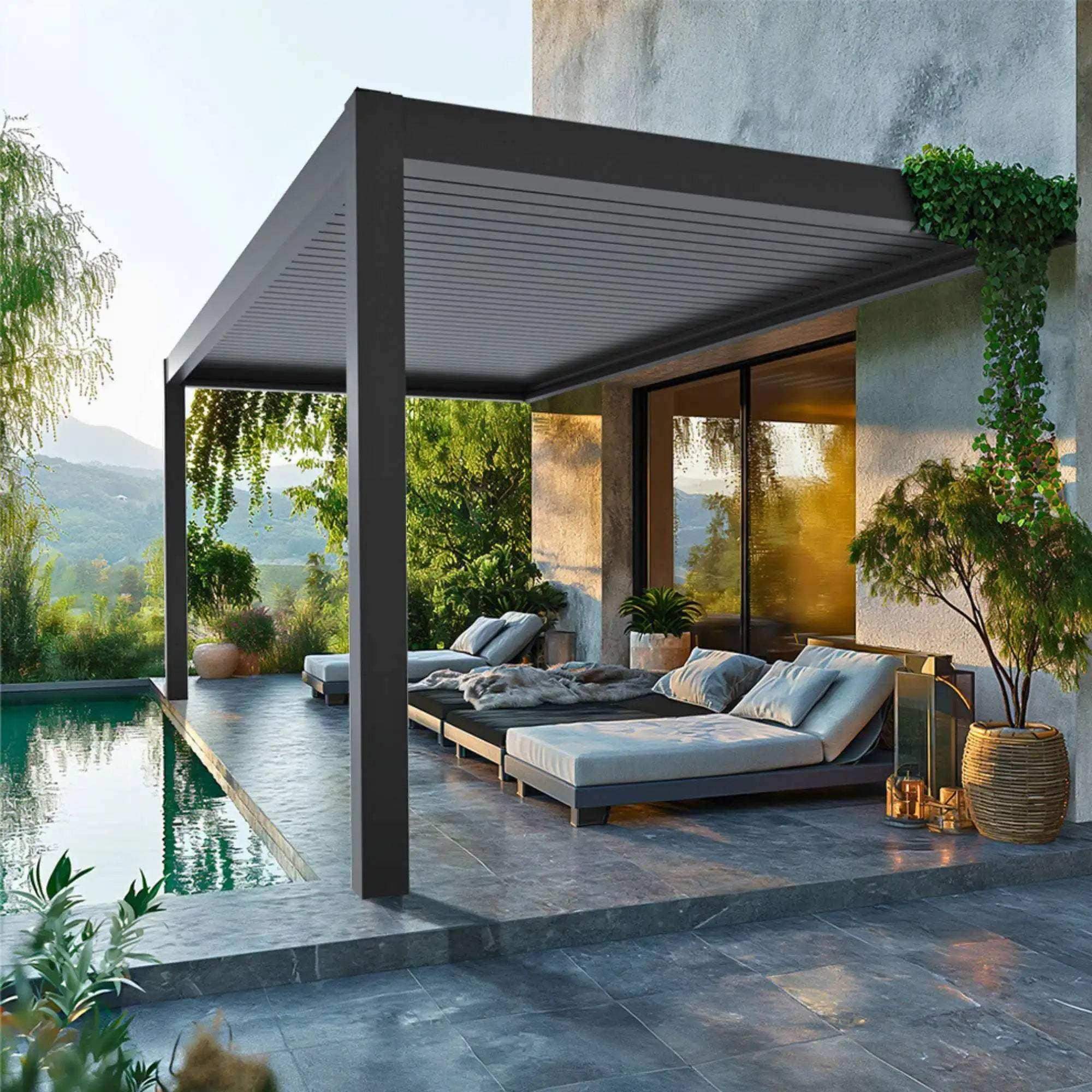 Die Pergola MotionFlex 600 von Wellis verfügt über einen Aluminiumrahmen in Mattanthrazit, elektrische Lamellen, eine integrierte LED-Beleuchtung und eine optionale Seitenbeschattung.