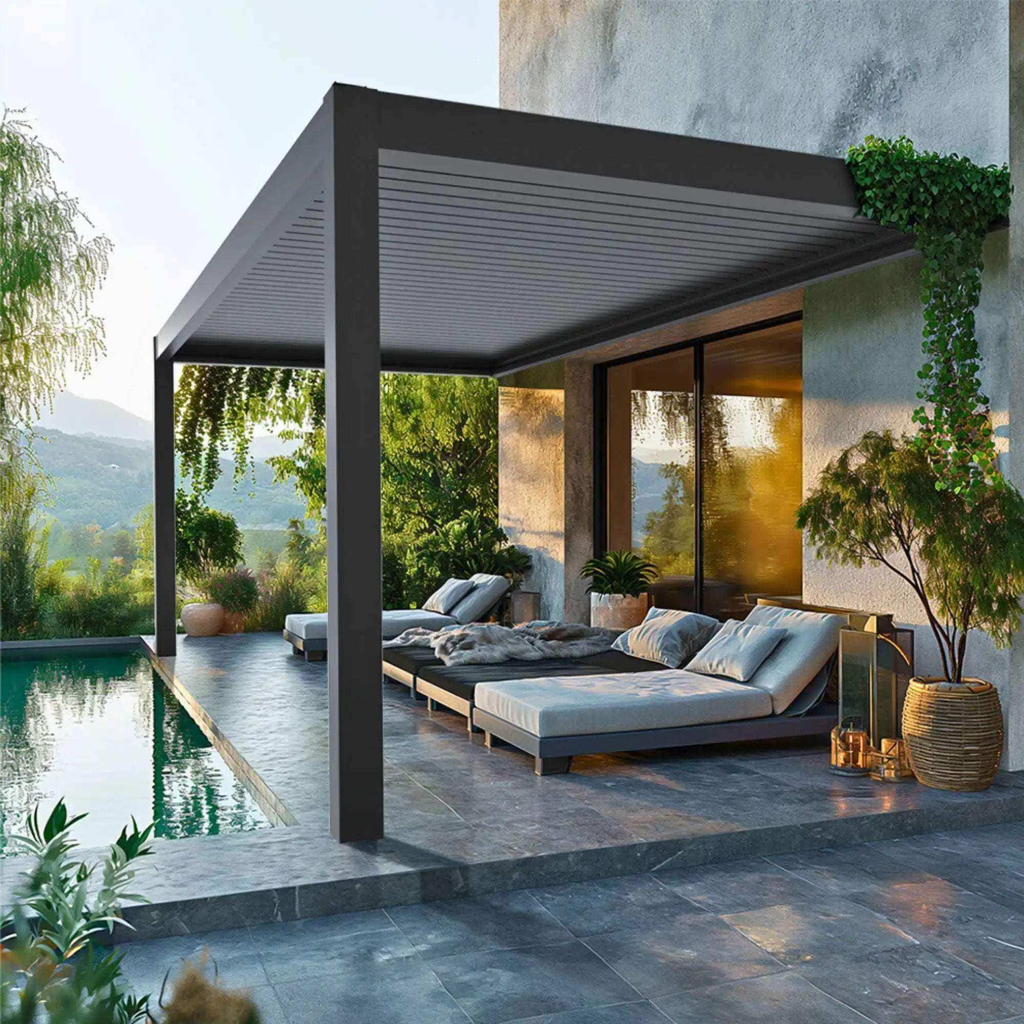 Die Pergola MotionFlex 600 von Wellis verfügt über einen Aluminiumrahmen in Mattanthrazit, elektrische Lamellen, eine integrierte LED-Beleuchtung und eine optionale Seitenbeschattung.