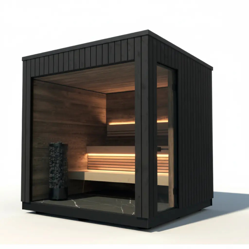 Schwarz gebeizte Fichten Sauna für den Garten