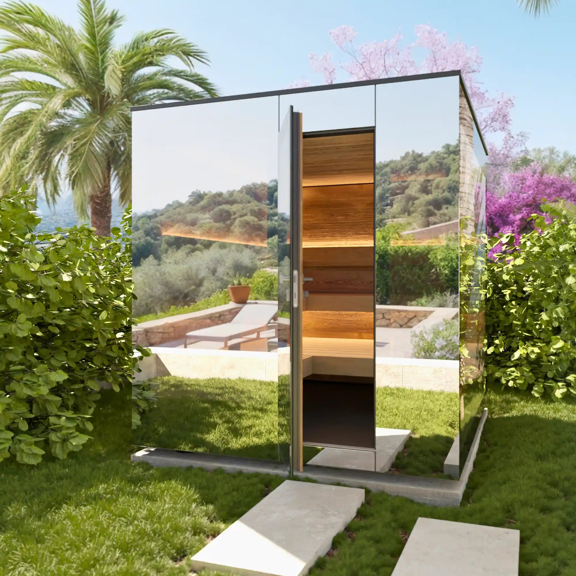 Design-Spiegelsauna mit verspiegeltem Panoramaglas, Sichtschutz, LED-Beleuchtung und Naturholz-Ausstattung – perfekt für den Garten oder die Terrasse auf Mallorca. AZURA SPA & LIVING.