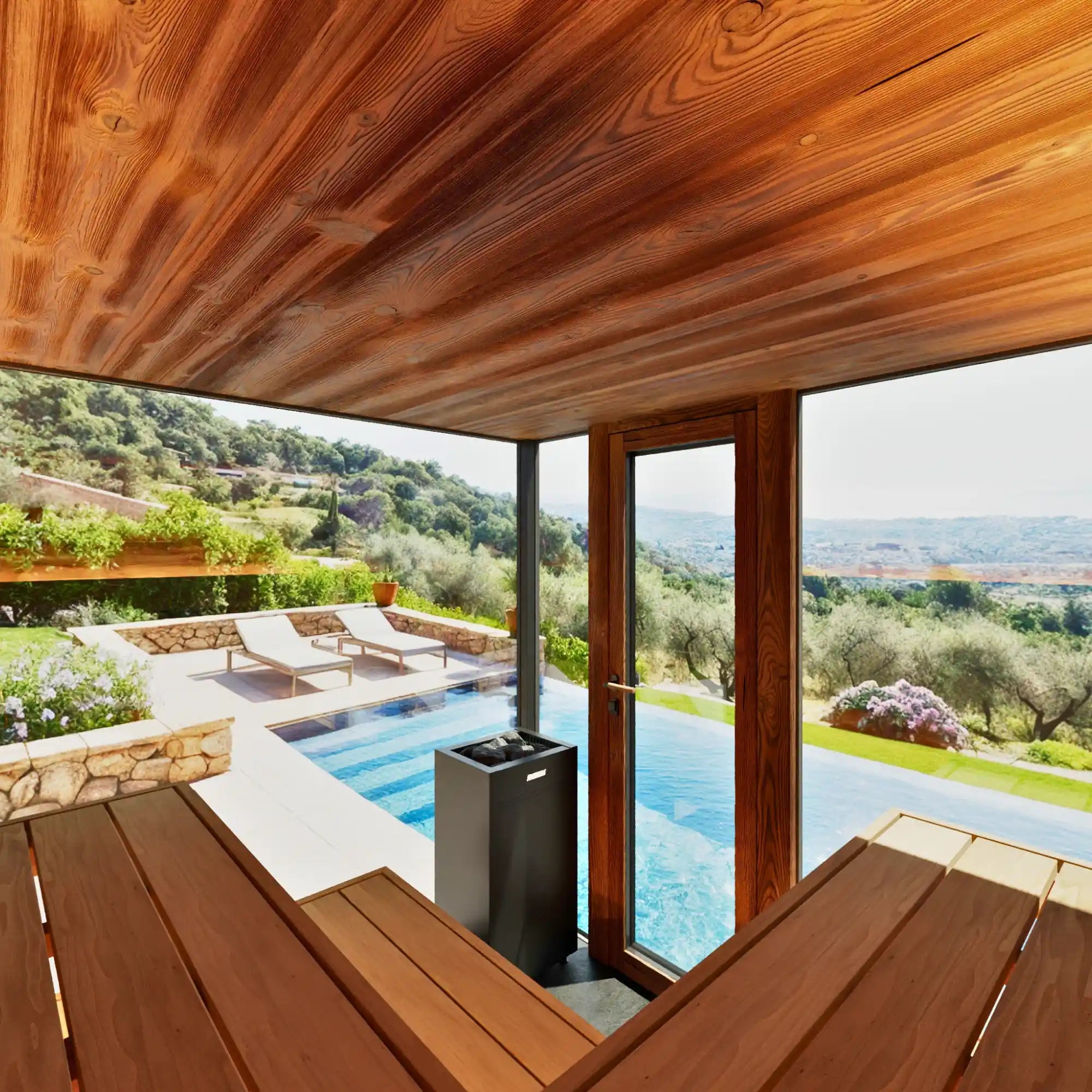 Design-Spiegelsauna mit verspiegeltem Panoramaglas, Sichtschutz, LED-Beleuchtung und Naturholz-Ausstattung – perfekt für den Garten oder die Terrasse auf Mallorca. AZURA SPA & LIVING.