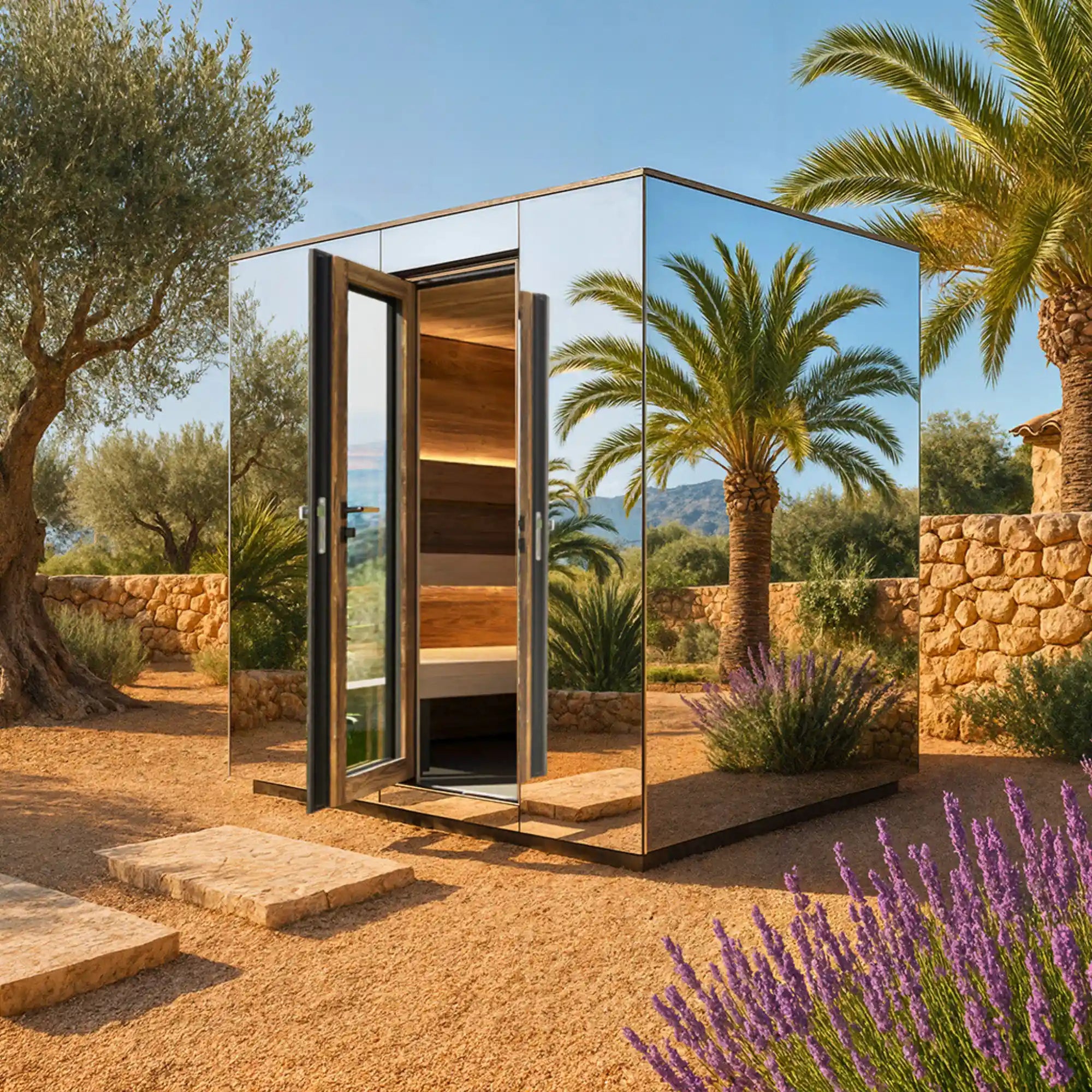 Design-Spiegelsauna mit verspiegeltem Panoramaglas, Sichtschutz, LED-Beleuchtung und Naturholz-Ausstattung – perfekt für den Garten oder die Terrasse auf Mallorca. AZURA SPA & LIVING.