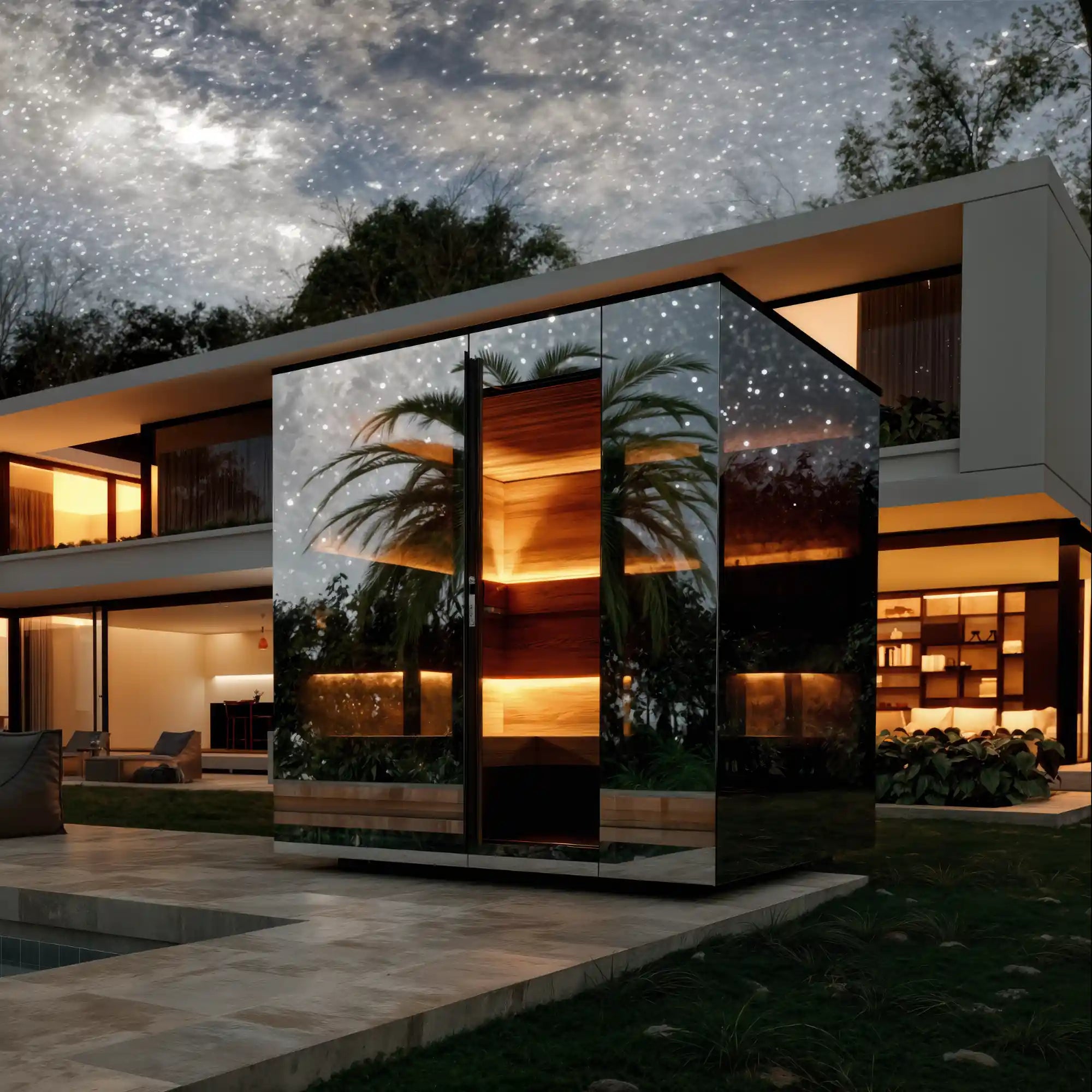 Design-Spiegelsauna mit verspiegeltem Panoramaglas, Sichtschutz, LED-Beleuchtung und Naturholz-Ausstattung – perfekt für den Garten oder die Terrasse auf Mallorca. AZURA SPA & LIVING.