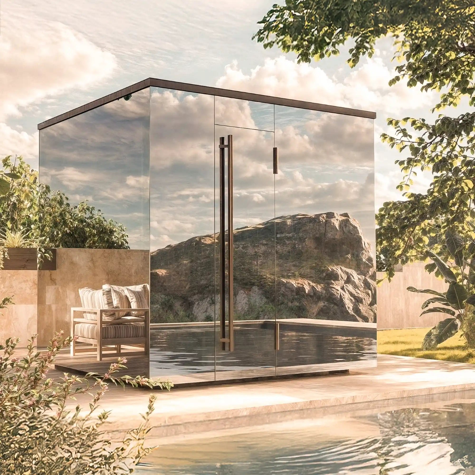 Design Sauna für den Garten mit moderner Architektur und Glasfront
