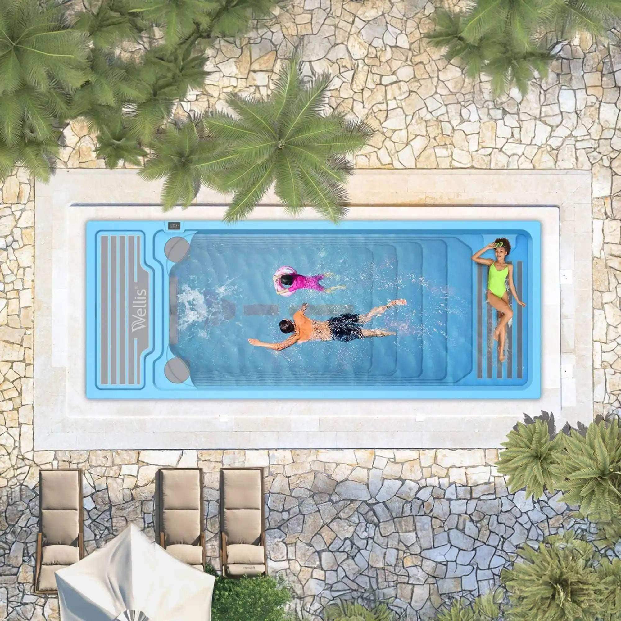 Erleben Sie maximalen Komfort mit dem Wellis Beach Club Swim Spa. Er verfügt über bis zu drei Gegenstromdüsen, eine SmartTouch-Steuerung und ein Filtersystem. Bei Azura Spa & Living auf Mallorca.