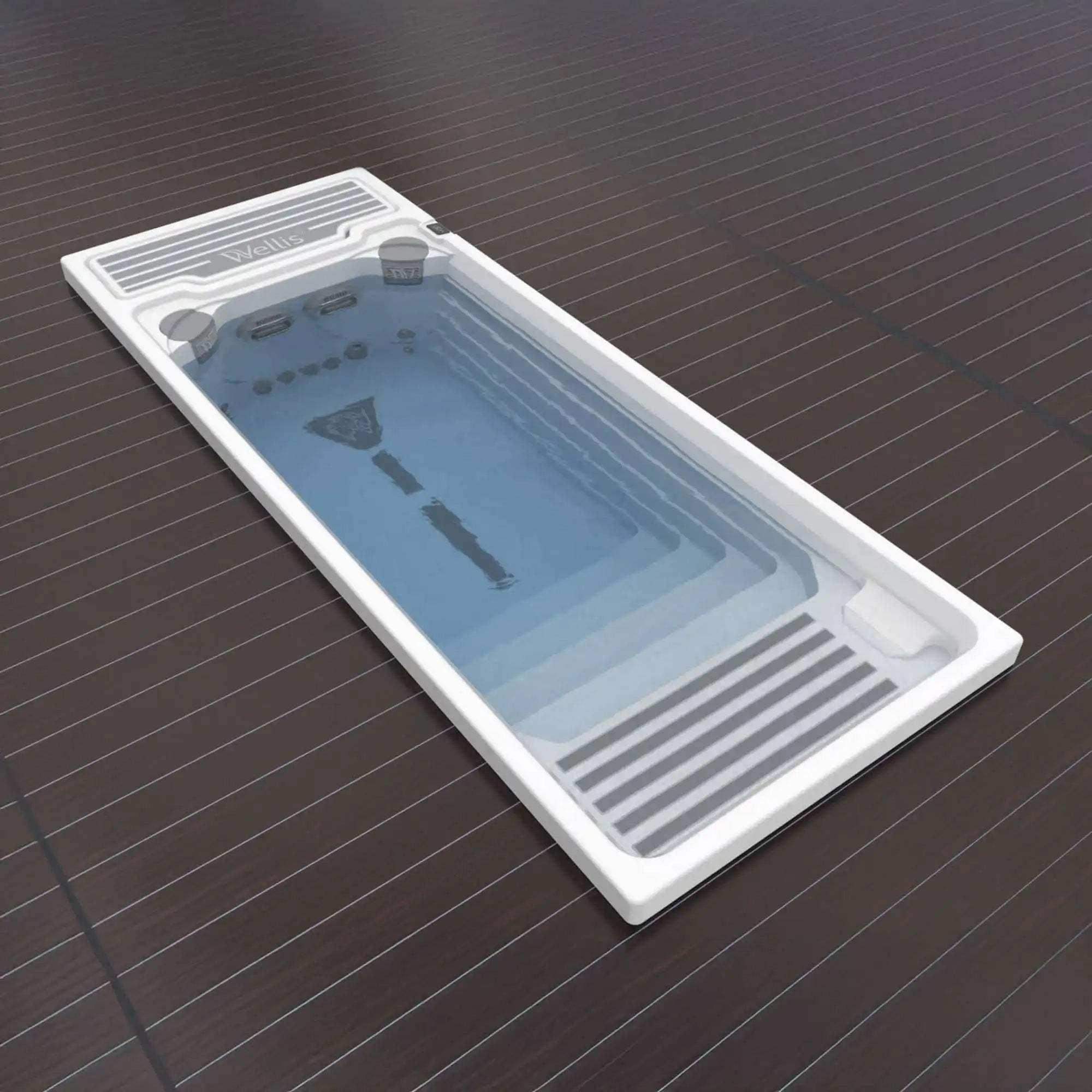 Erleben Sie maximalen Komfort mit dem Wellis Beach Club Swim Spa. Er verfügt über bis zu drei Gegenstromdüsen, eine SmartTouch-Steuerung und ein Filtersystem. Bei Azura Spa & Living auf Mallorca.