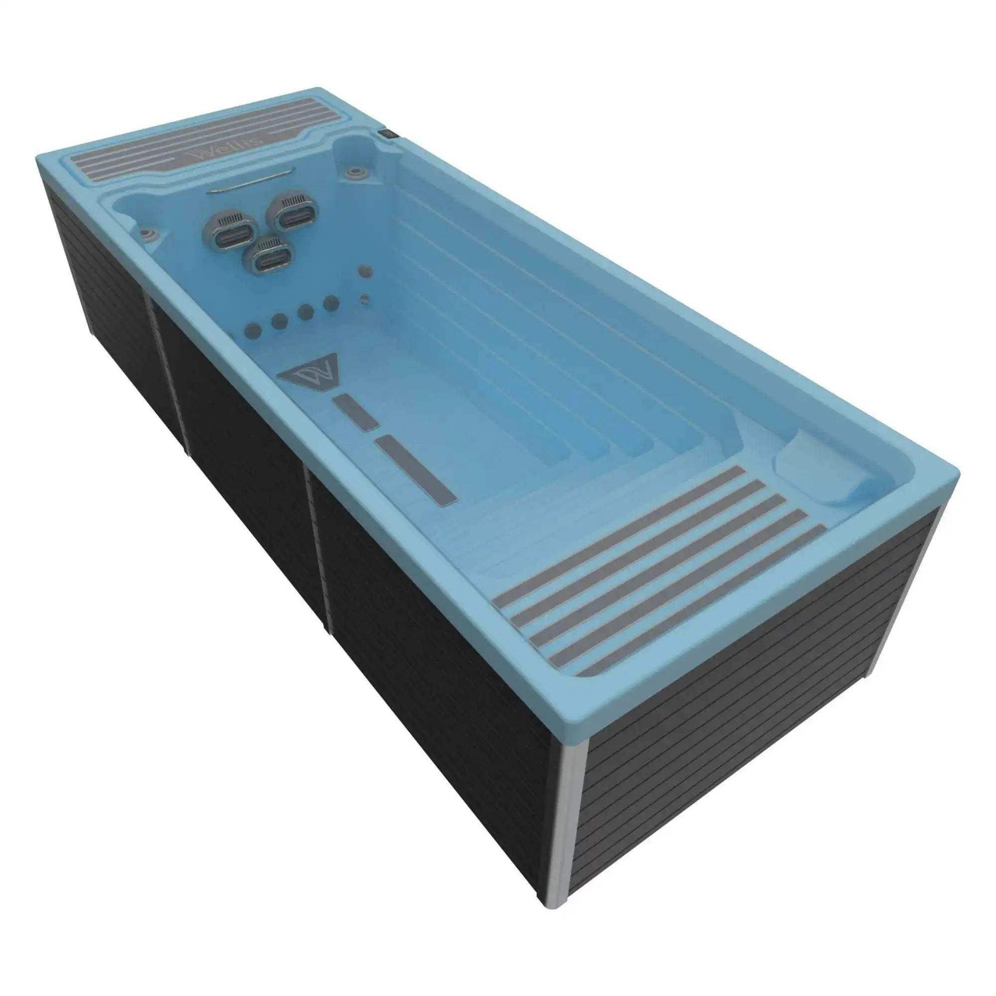 Erleben Sie maximalen Komfort mit dem Wellis Beach Club Swim Spa. Er verfügt über bis zu drei Gegenstromdüsen, eine SmartTouch-Steuerung und ein Filtersystem. Bei Azura Spa & Living auf Mallorca.