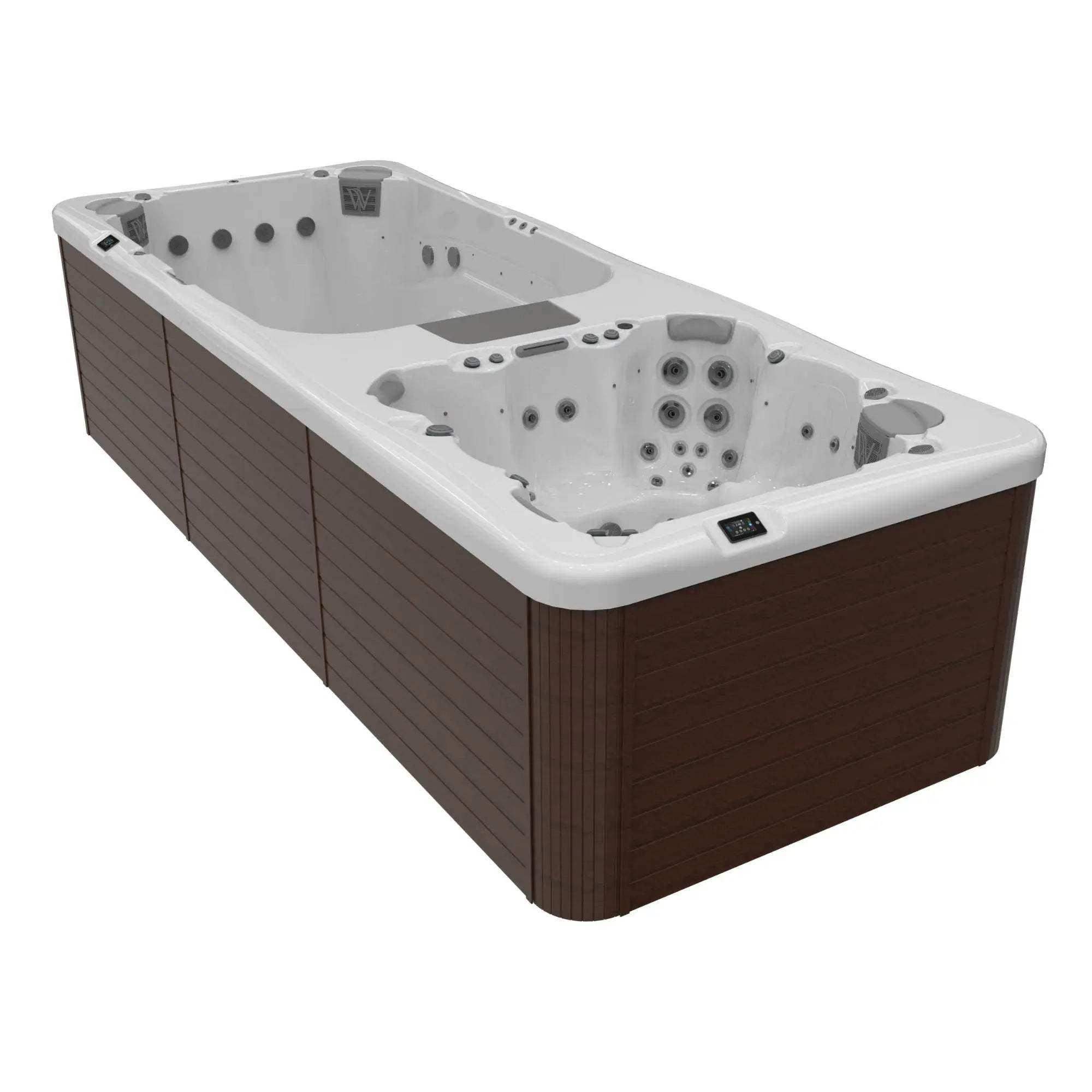 Der Wellis Swim Spa Rio Grande vereint Whirlpool-Komfort mit Schwimmtraining. Er verfügt über 40 Düsen, ein LED-Therapie, ein W-Flow-System & Edelstahlrahmen.
