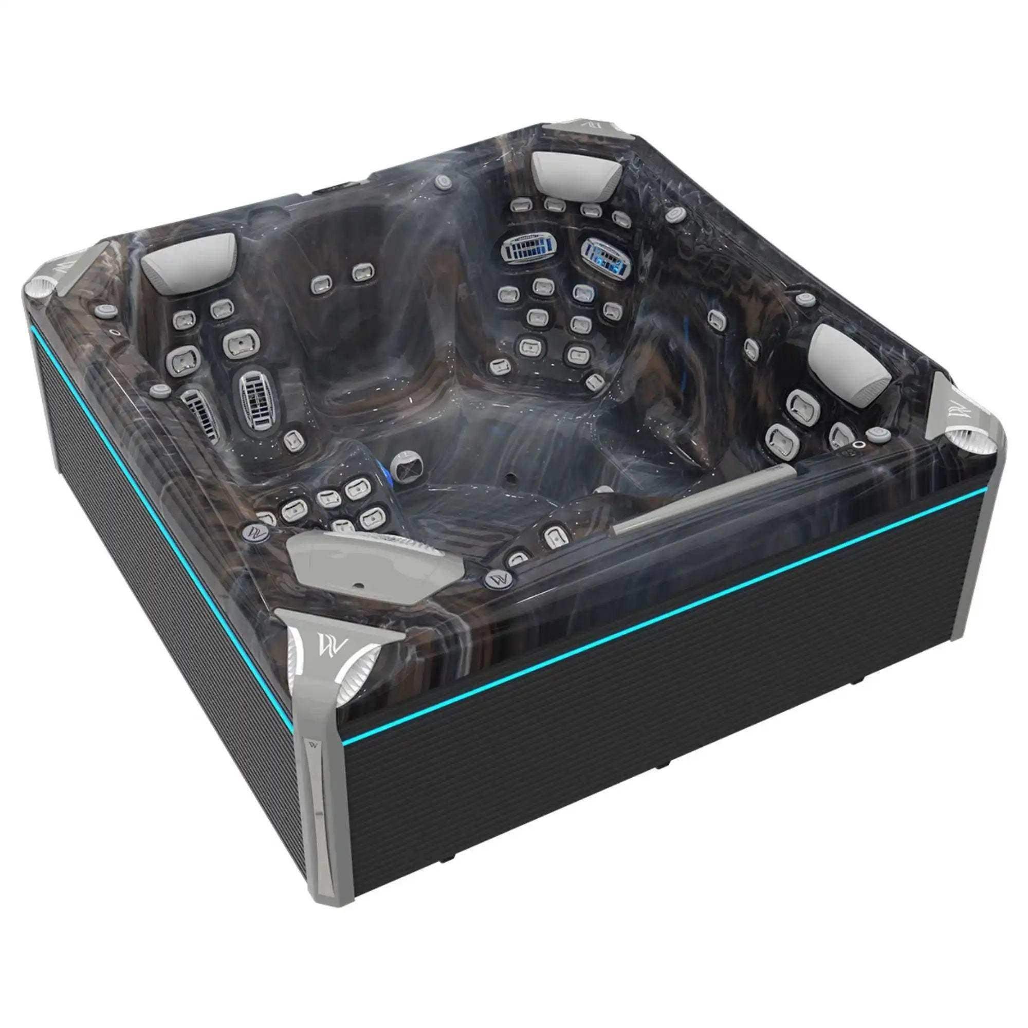 Der Wellis Everest Life Whirlpool mit 68 Düsen, 6 Infinity Jets, SmartTouch Bedienfeld, Soundsystem und fünf Plätzen ist als Deluxe- und Premiummodell erhältlich