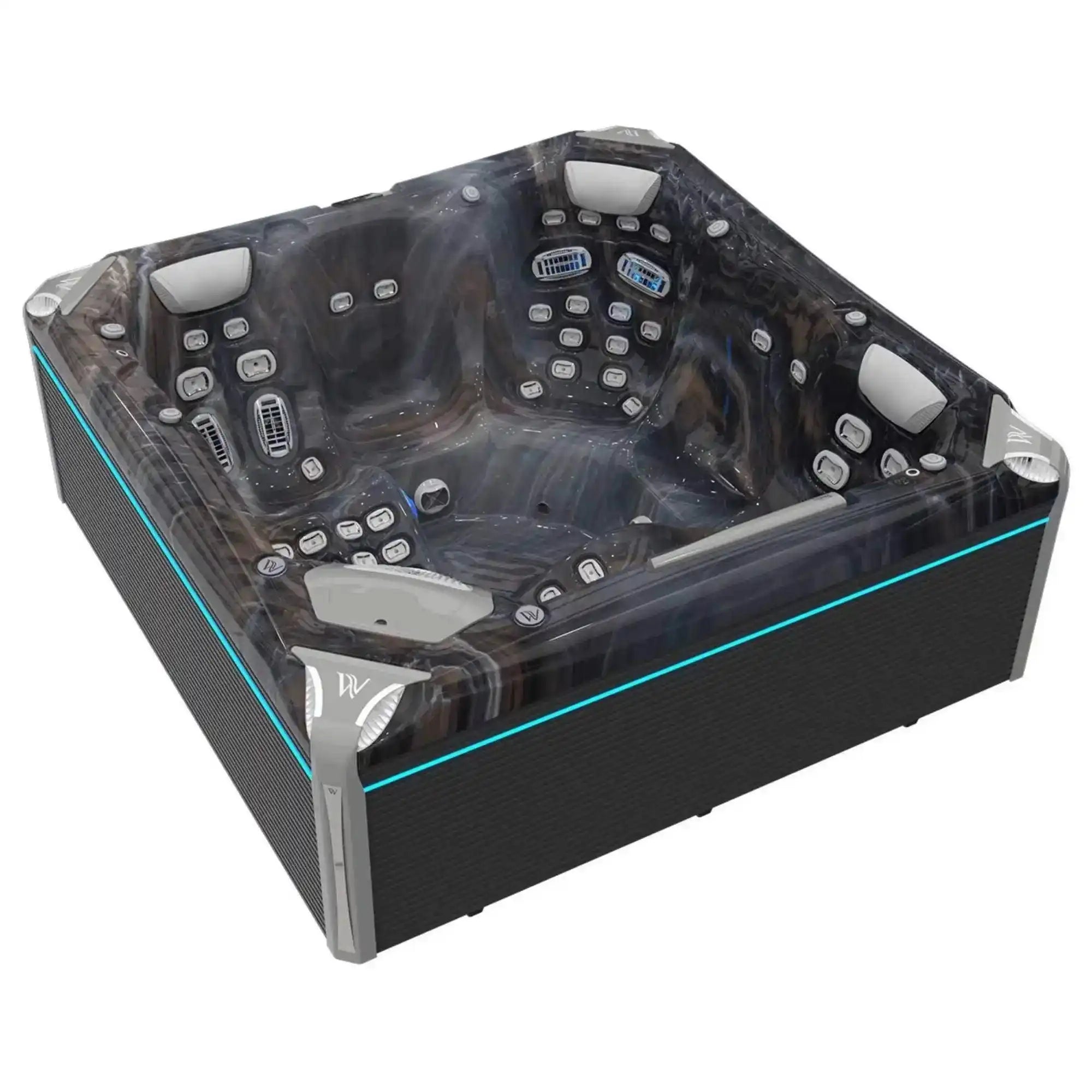 Der Wellis Everest Life Whirlpool mit 68 Düsen, 6 Infinity Jets, SmartTouch Bedienfeld, Soundsystem und fünf Plätzen ist als Deluxe- und Premiummodell erhältlich