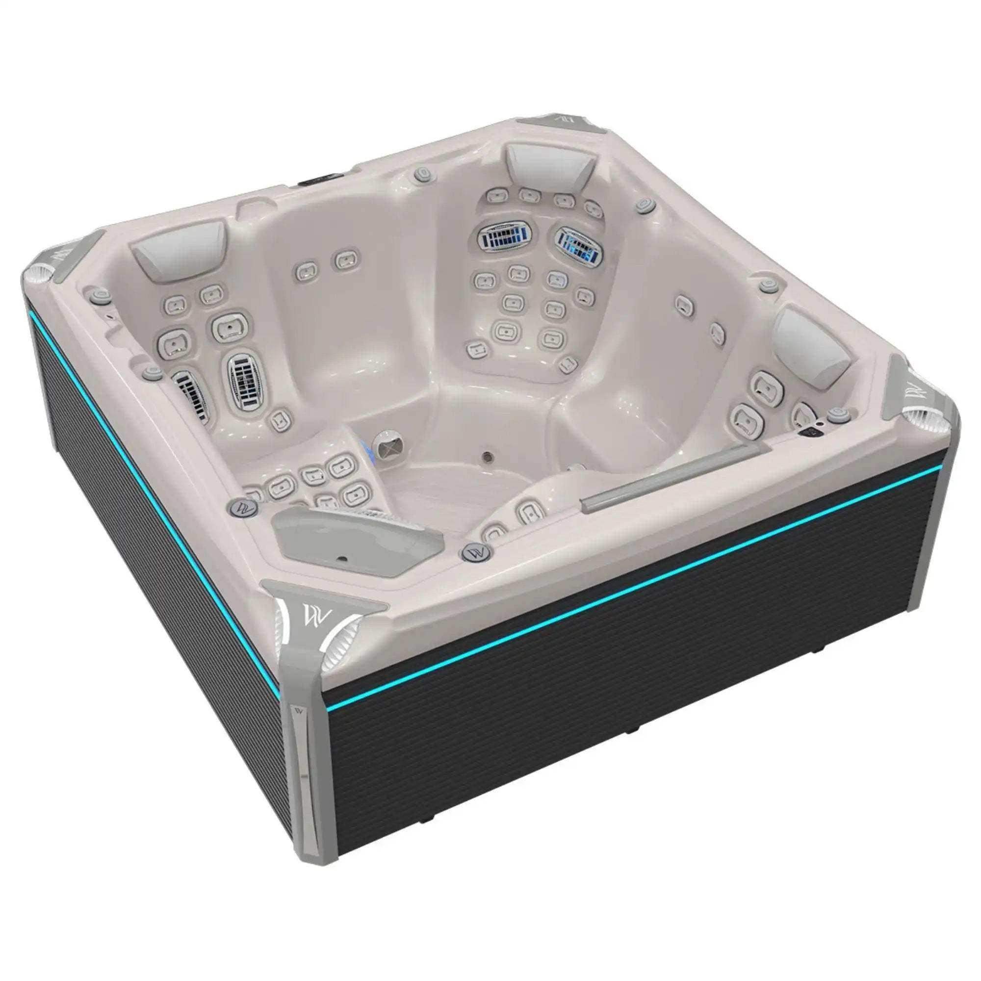 Der Wellis Everest Life Whirlpool mit 68 Düsen, 6 Infinity Jets, SmartTouch Bedienfeld, Soundsystem und fünf Plätzen ist als Deluxe- und Premiummodell erhältlich