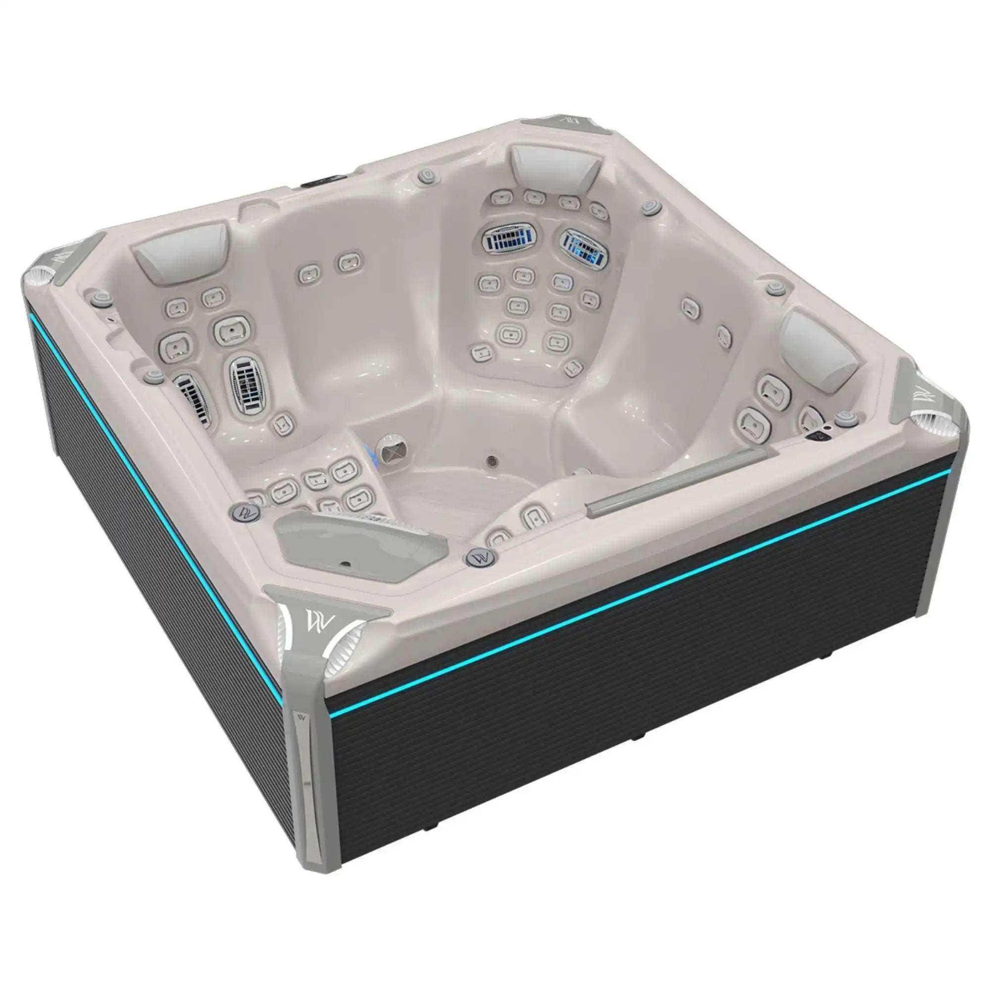 Der Wellis Everest Life Whirlpool mit 68 Düsen, 6 Infinity Jets, SmartTouch Bedienfeld, Soundsystem und fünf Plätzen ist als Deluxe- und Premiummodell erhältlich