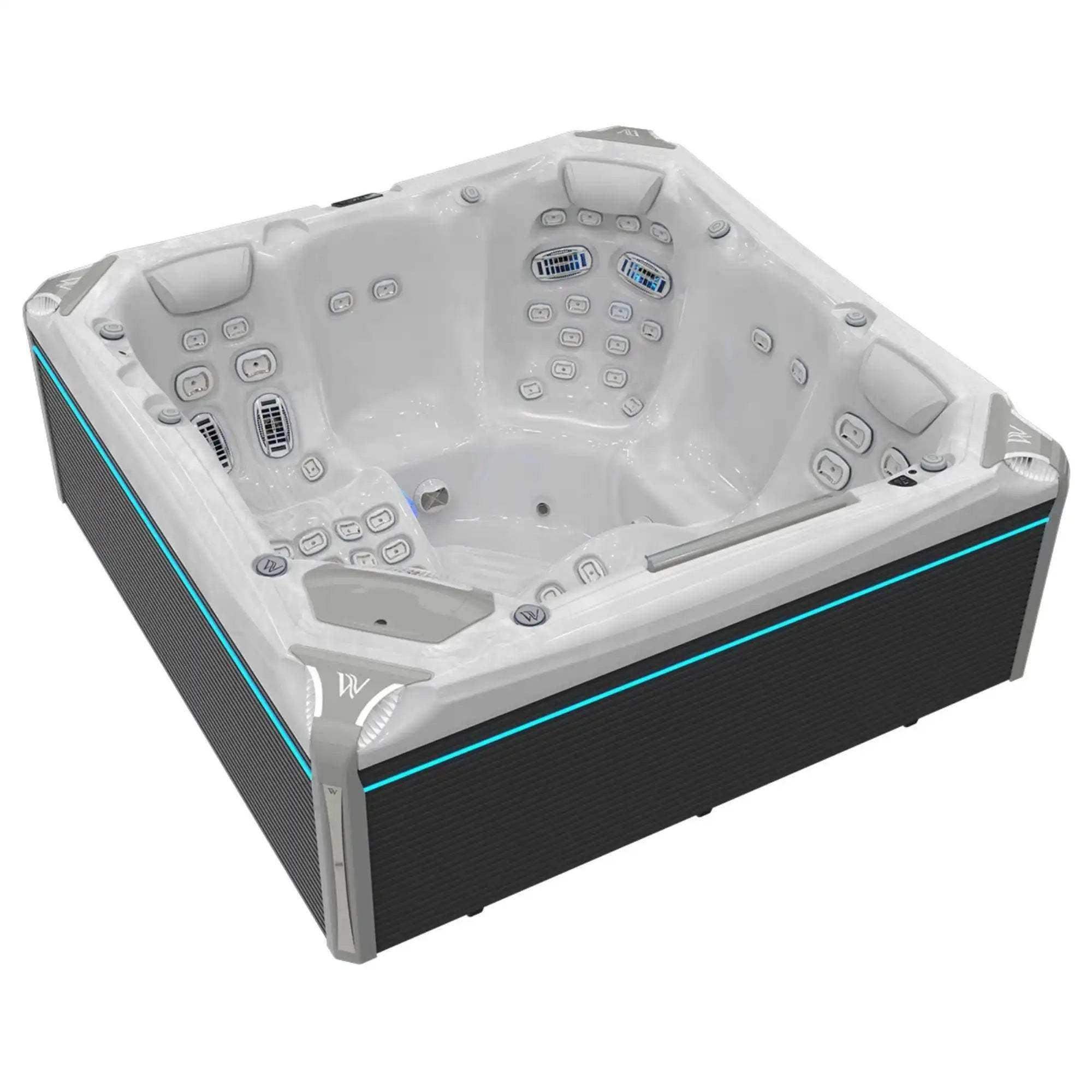 Der Wellis Everest Life Whirlpool mit 68 Düsen, 6 Infinity Jets, SmartTouch Bedienfeld, Soundsystem und fünf Plätzen ist als Deluxe- und Premiummodell erhältlich