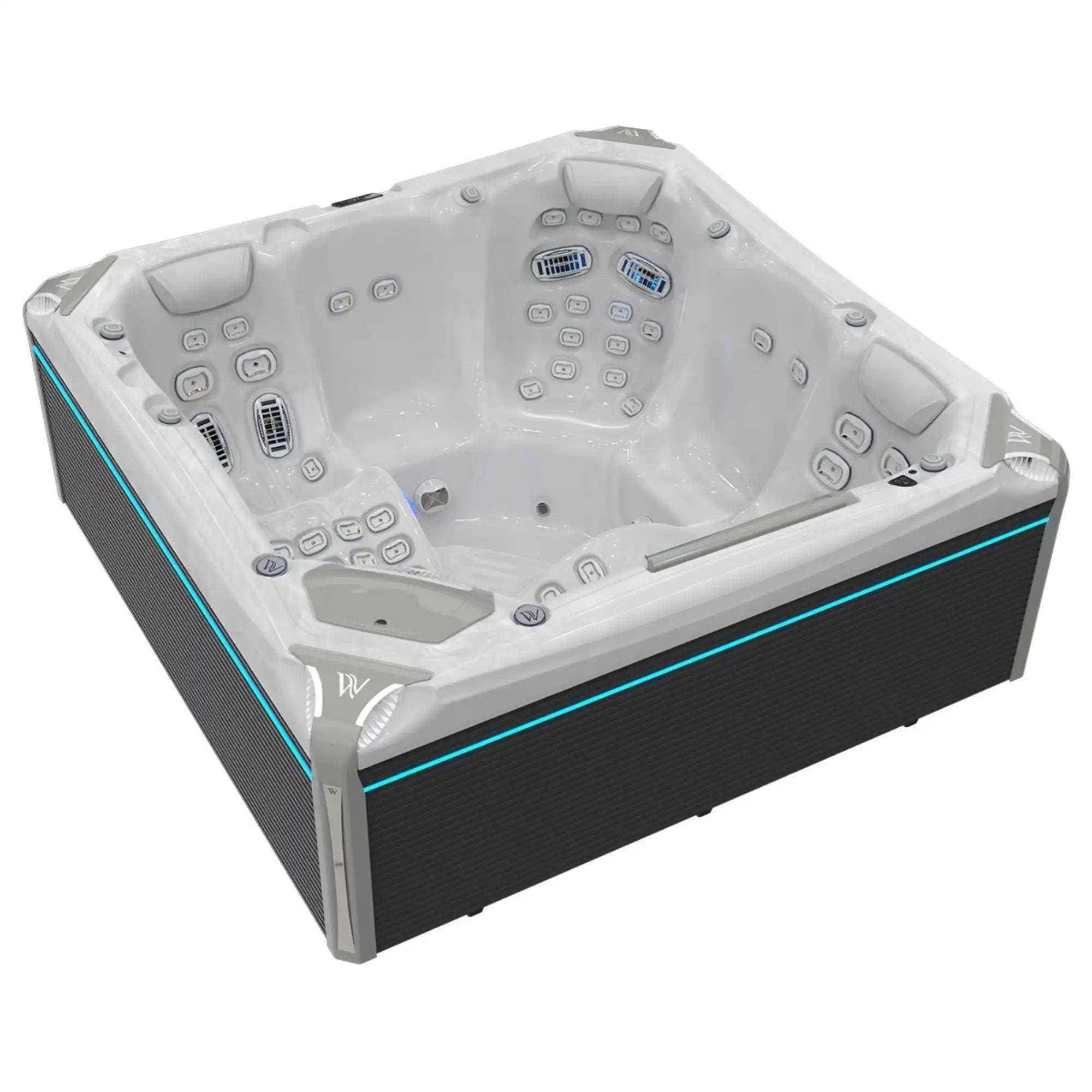 Der Wellis Everest Life Whirlpool mit 68 Düsen, 6 Infinity Jets, SmartTouch Bedienfeld, Soundsystem und fünf Plätzen ist als Deluxe- und Premiummodell erhältlich