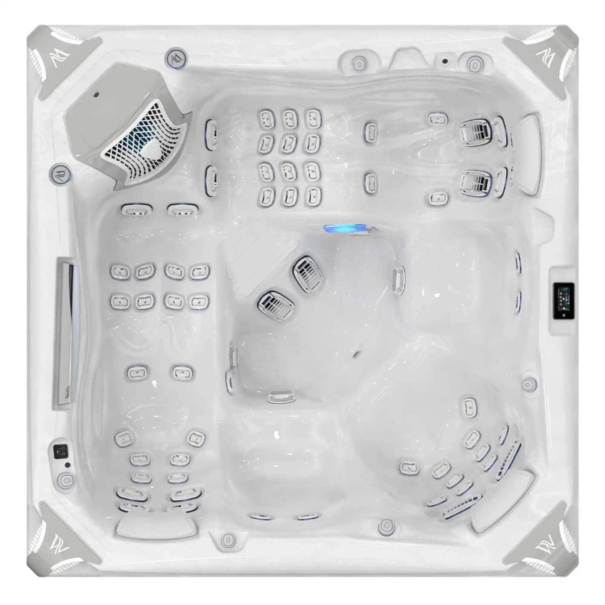 Der Wellis Everest Life Whirlpool mit 68 Düsen, 6 Infinity Jets, SmartTouch Bedienfeld, Soundsystem und fünf Plätzen ist als Deluxe- und Premiummodell erhältlich
