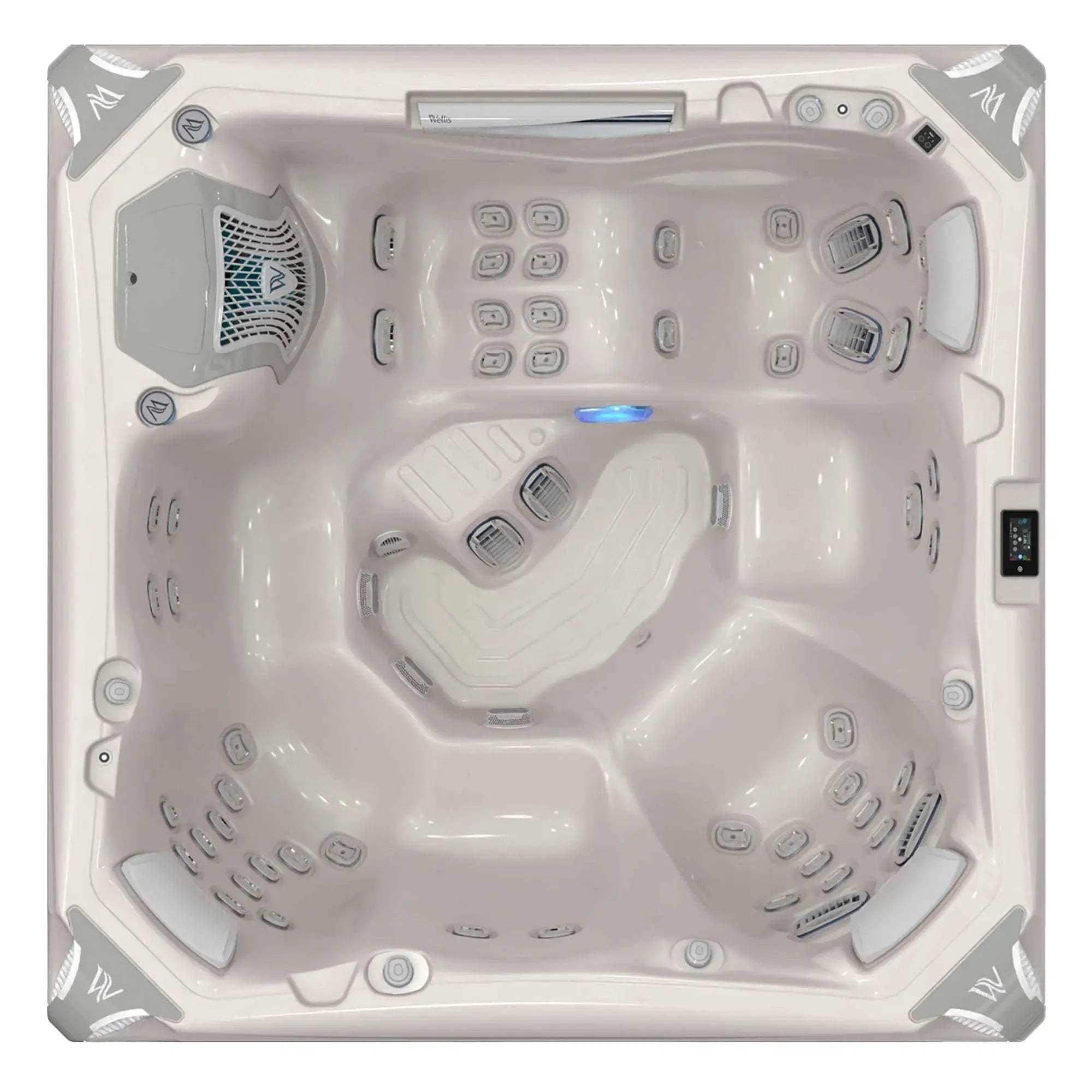 Wellis Kilimanjaro Life Whirlpool mit sechs Plätzen, 59 Massagedüsen, Infinity-Jets, Soundsystem und Wifi-Smart-Steuerung.