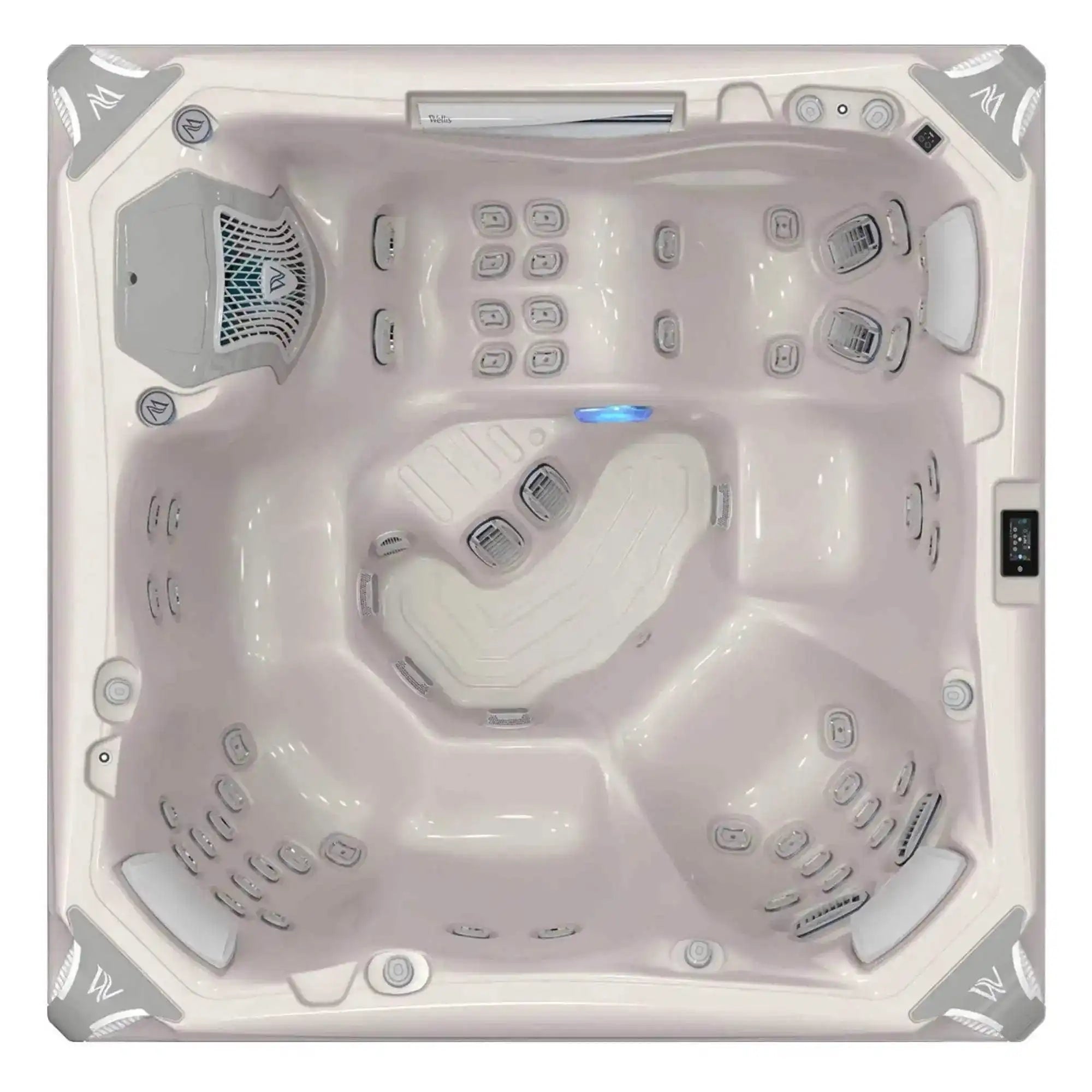 Wellis Kilimanjaro Life Whirlpool mit sechs Plätzen, 59 Massagedüsen, Infinity-Jets, Soundsystem und Wifi-Smart-Steuerung.
