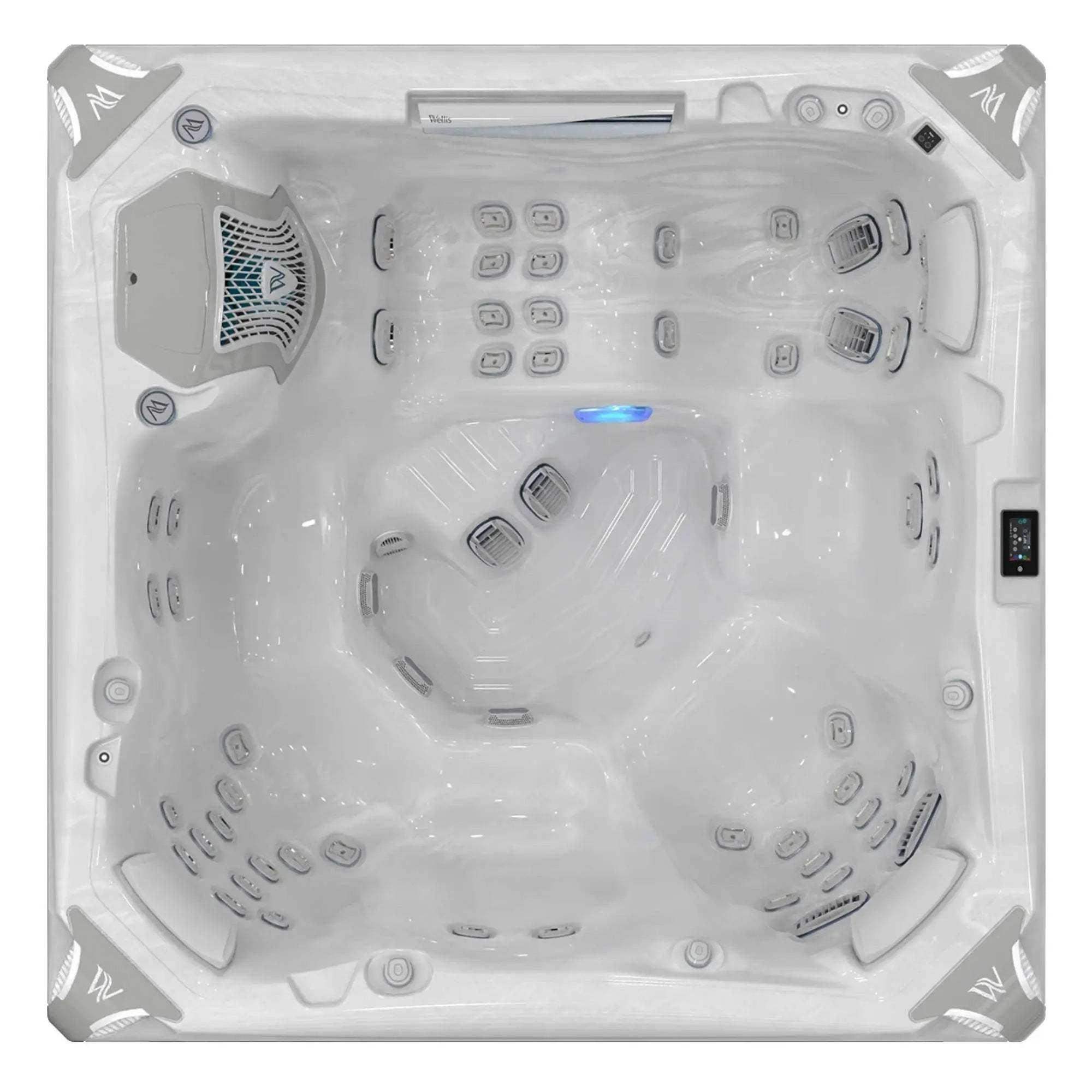 Wellis Kilimanjaro Life Whirlpool mit sechs Plätzen, 59 Massagedüsen, Infinity-Jets, Soundsystem und Wifi-Smart-Steuerung.