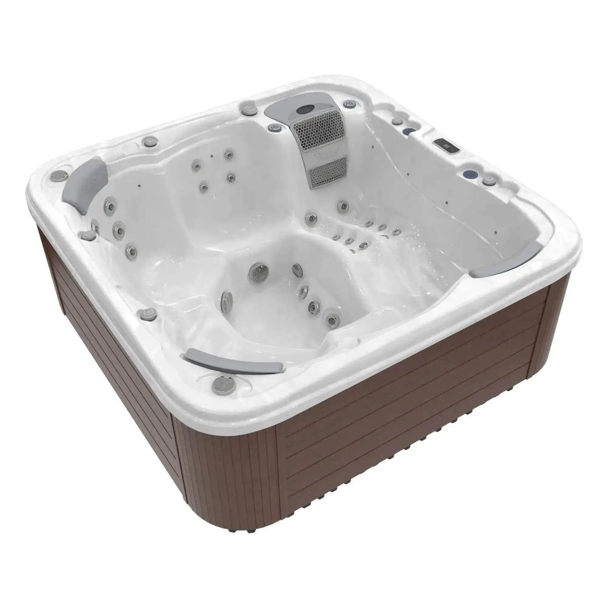 Whirlpool „Lugano Life” von Wellis mit 6 Plätzen, 52 Massagedüsen, LED-Beleuchtung, Soundsystem, 3 kW Heizung und Smart-WiFi-Steuerung.