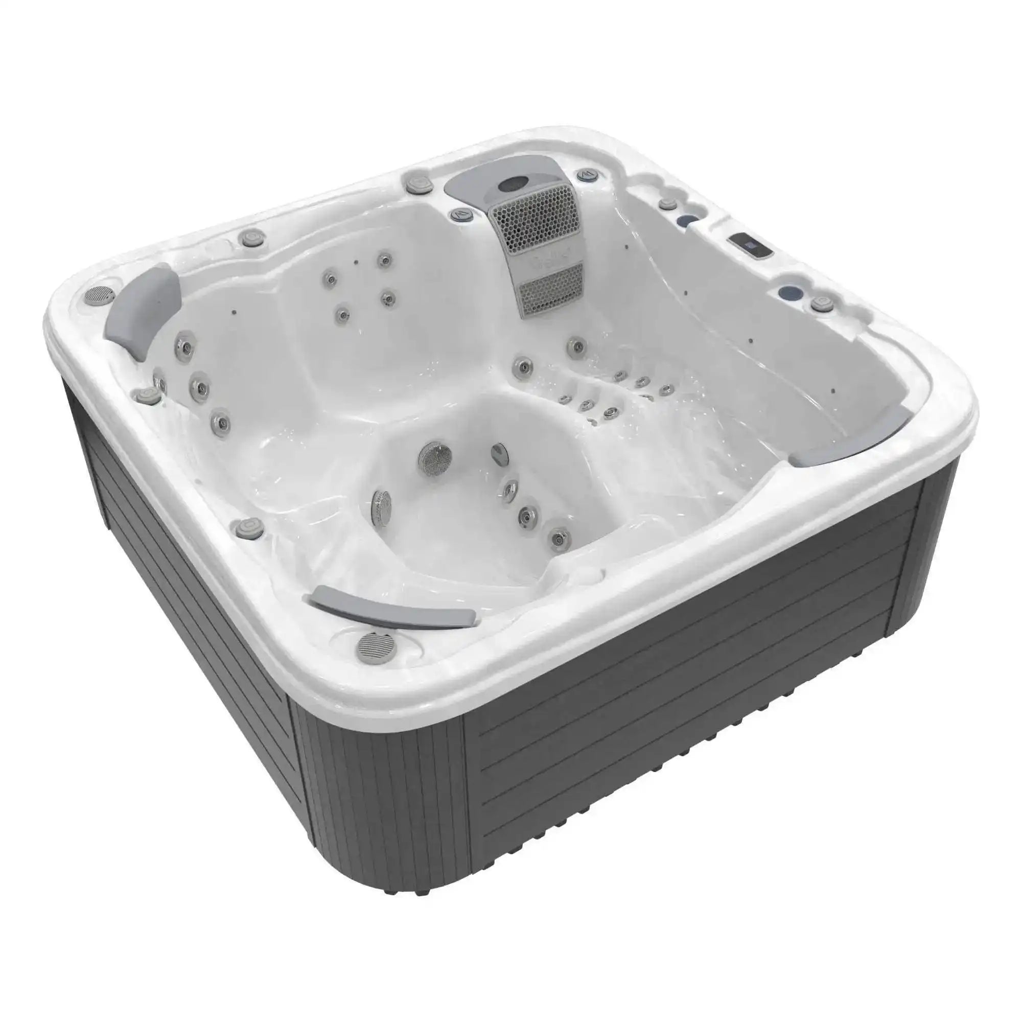 Whirlpool „Lugano Life” von Wellis mit 6 Plätzen, 52 Massagedüsen, LED-Beleuchtung, Soundsystem, 3 kW Heizung und Smart-WiFi-Steuerung.