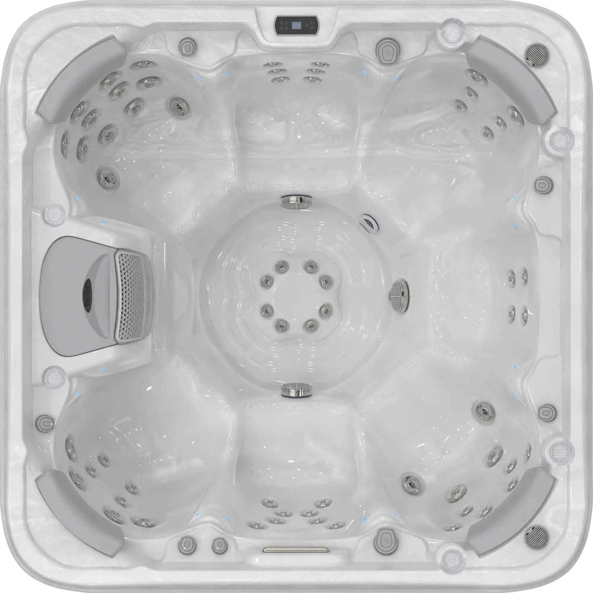 Whirlpool „Vienna Life” von Wellis mit 7 Plätzen, 62 Massagedüsen, LED-Beleuchtung, Soundsystem, 3 kW Heizung und Smart-WiFi-Steuerung.