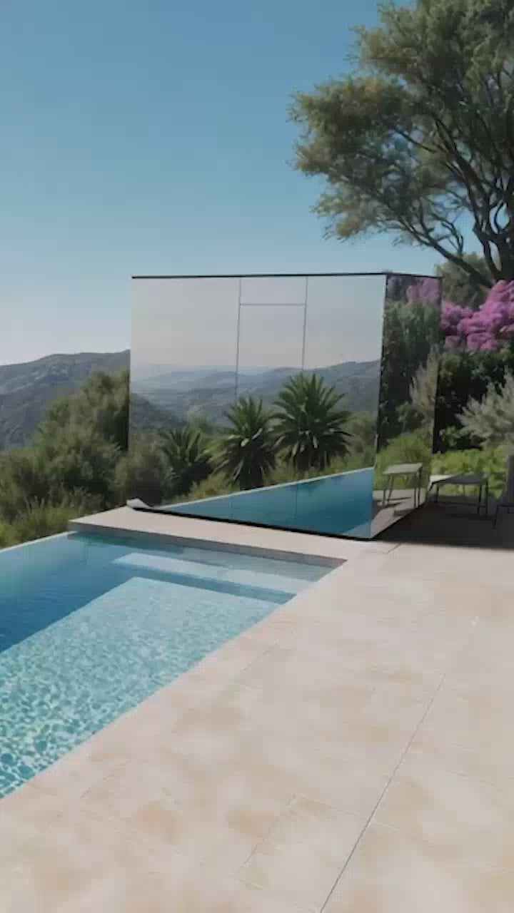 Design-Spiegelsauna mit verspiegeltem Panoramaglas, Sichtschutz, LED-Beleuchtung und Naturholz-Ausstattung – perfekt für den Garten oder die Terrasse auf Mallorca. AZURA SPA & LIVING.