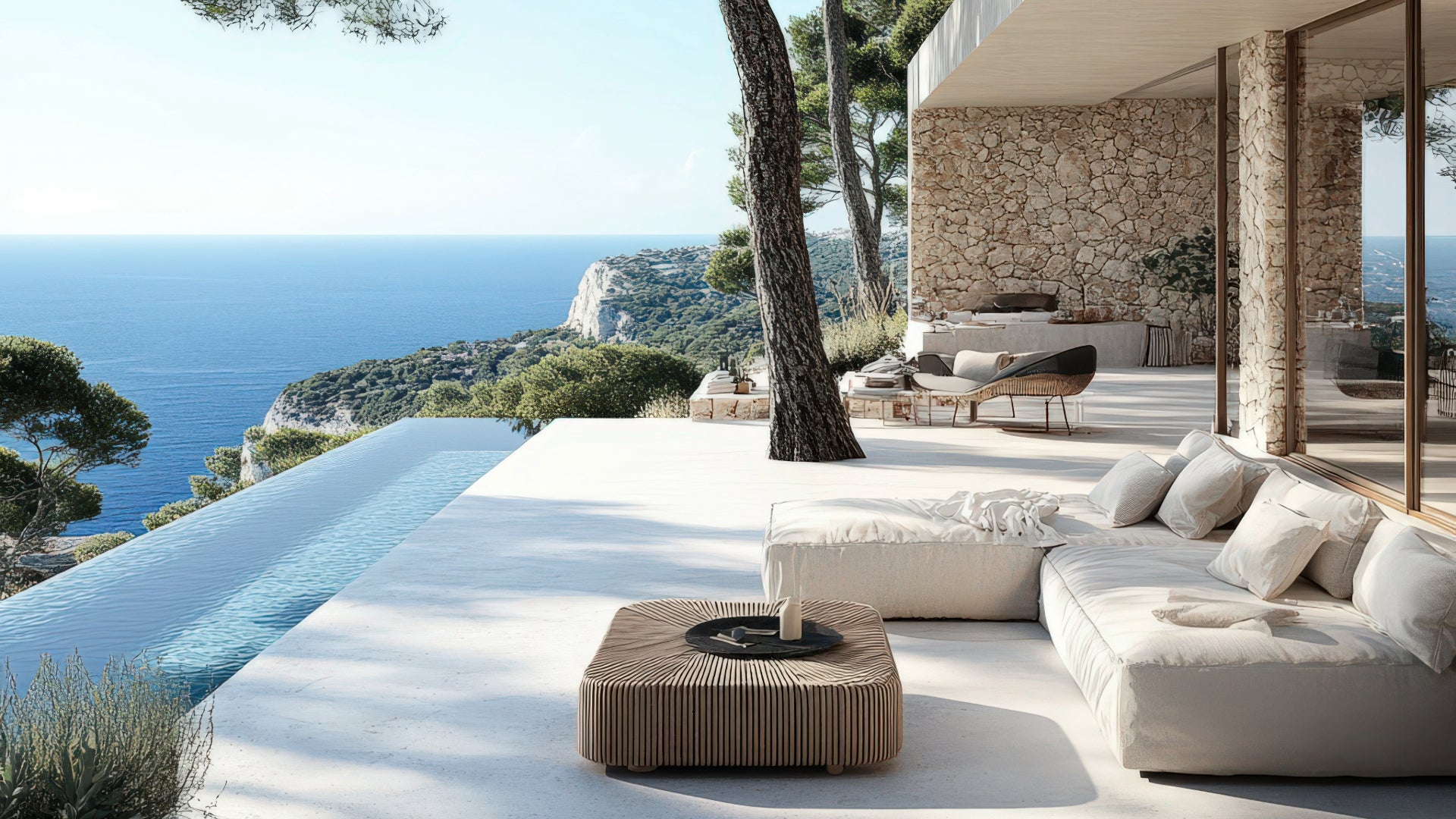 Luxuriöse mallorquinische Terrasse mit eleganten Outdoor Möbeln von AZURA SPA & LIVING – Exklusive Ausstattung für stilvolles Outdoor Living mit hochwertigen Loungemöbeln, Whirlpools und Sonnenbeschattung.