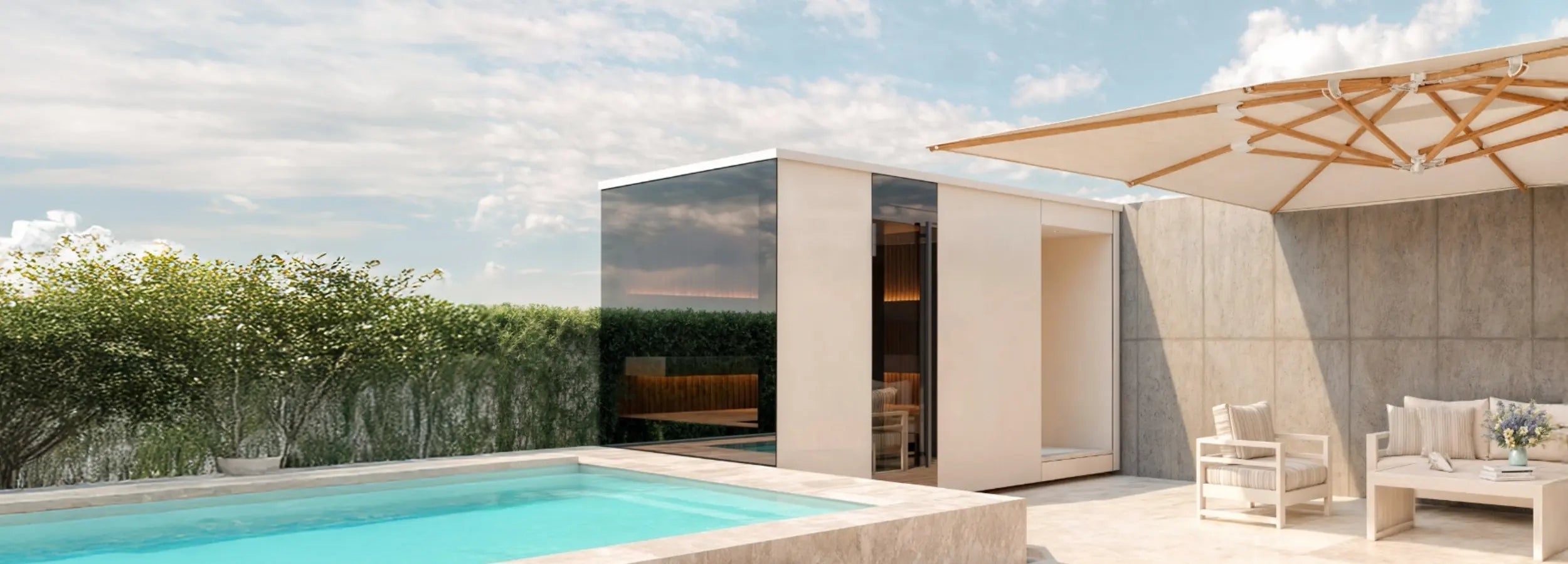 Sauna auf Mallorca im mediterranen Garten mit moderner Holzfassade
