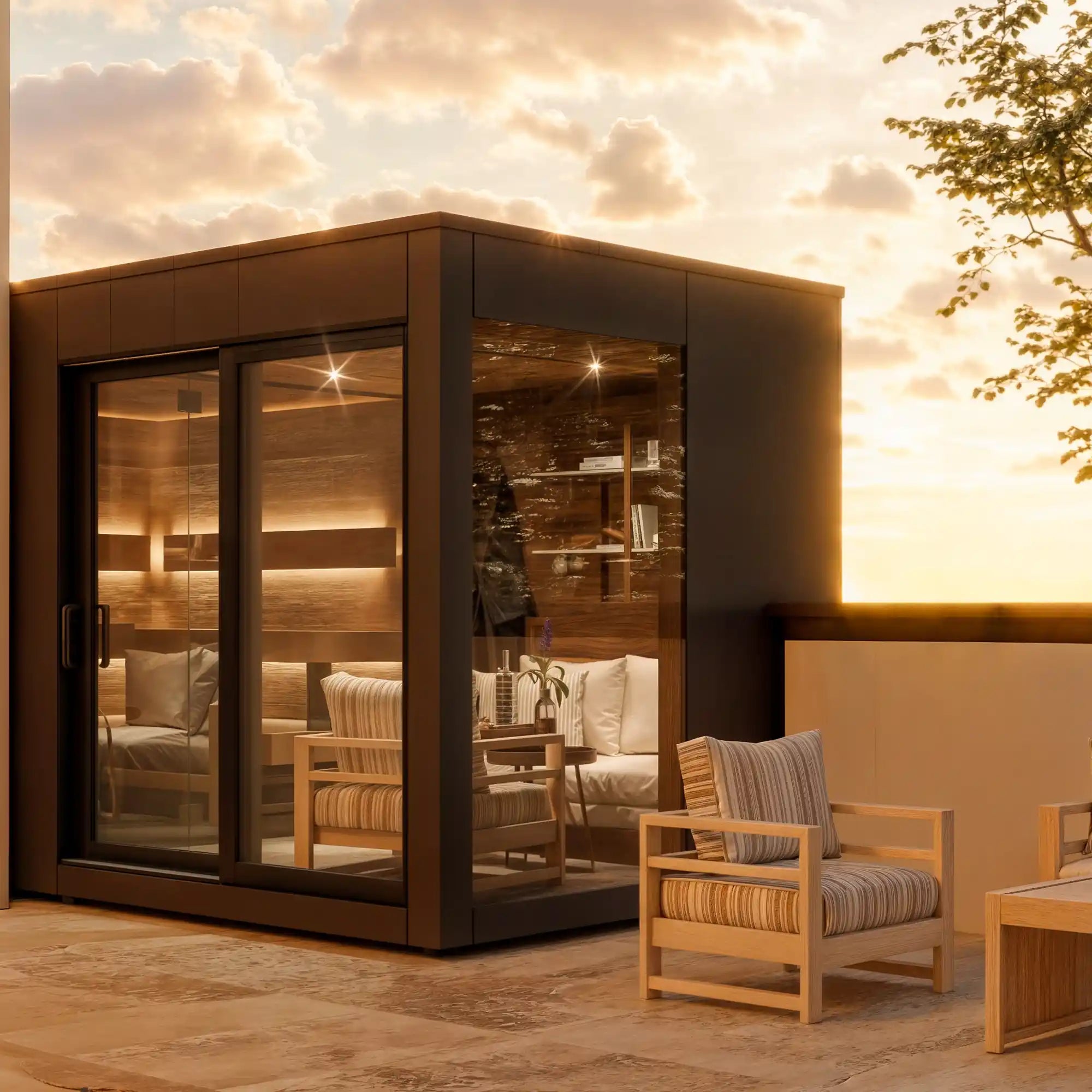 Moderne Sauna im Garten als architektonisches Design-Element im Außenbereich
