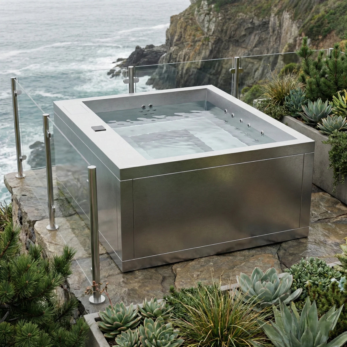 AURORA ist ein exklusiver Edelstahl Whirlpool für bis zu 6 Personen. V4A Edelstahl, minimalistisches Design und hochwertige Spa Technik für Garten und Terrasse.