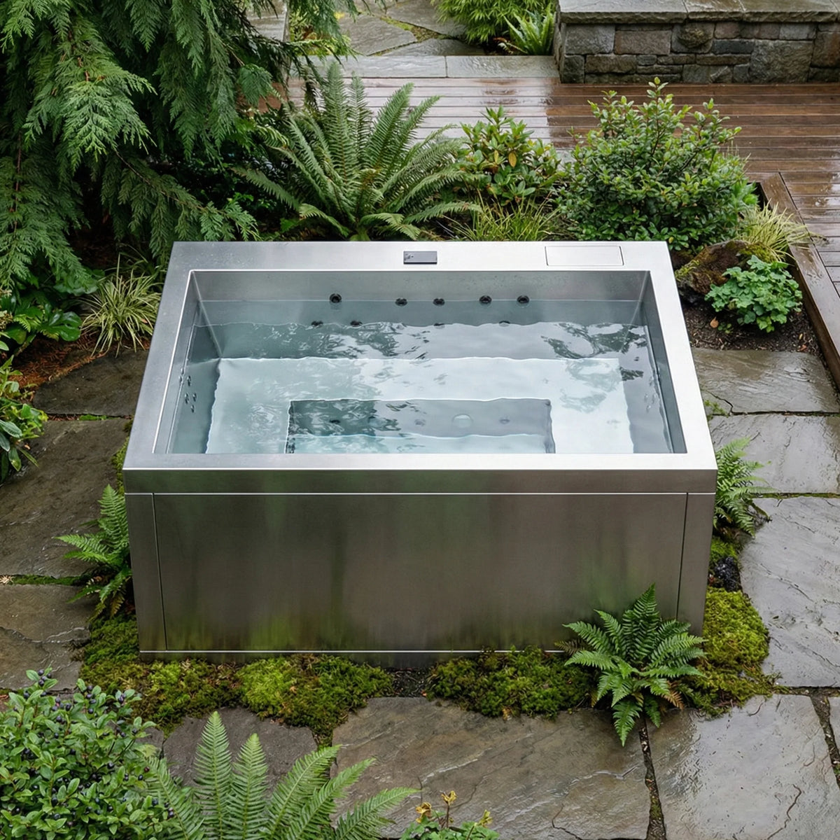AURORA ist ein exklusiver Edelstahl Whirlpool für bis zu 6 Personen. V4A Edelstahl, minimalistisches Design und hochwertige Spa Technik für Garten und Terrasse.