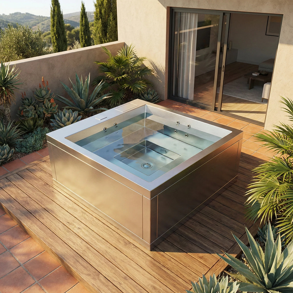 Edelstahl Whirlpool EMBER von Casa Blui aus V4A Edelstahl mit minimalistischem Design für exklusive Terrassen und Außenbereiche