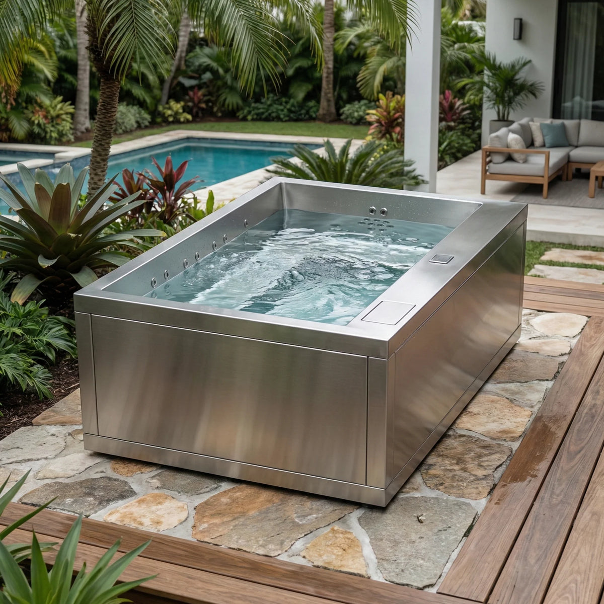 MIRAGE ist ein exklusiver Edelstahl Whirlpool für bis zu 8 Personen. Minimalistisches Design, V4A Edelstahl und hochwertige Spa Technik für Mallorca