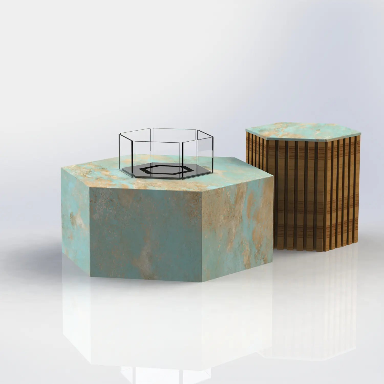 Die Feuerstelle Hexty verbindet sechseckiges Design mit hochwertigen Keramikoberflächen und individuell wählbaren Metallfarben – ideal für exklusive Terrassen, Gärten und Poolbereiche.
