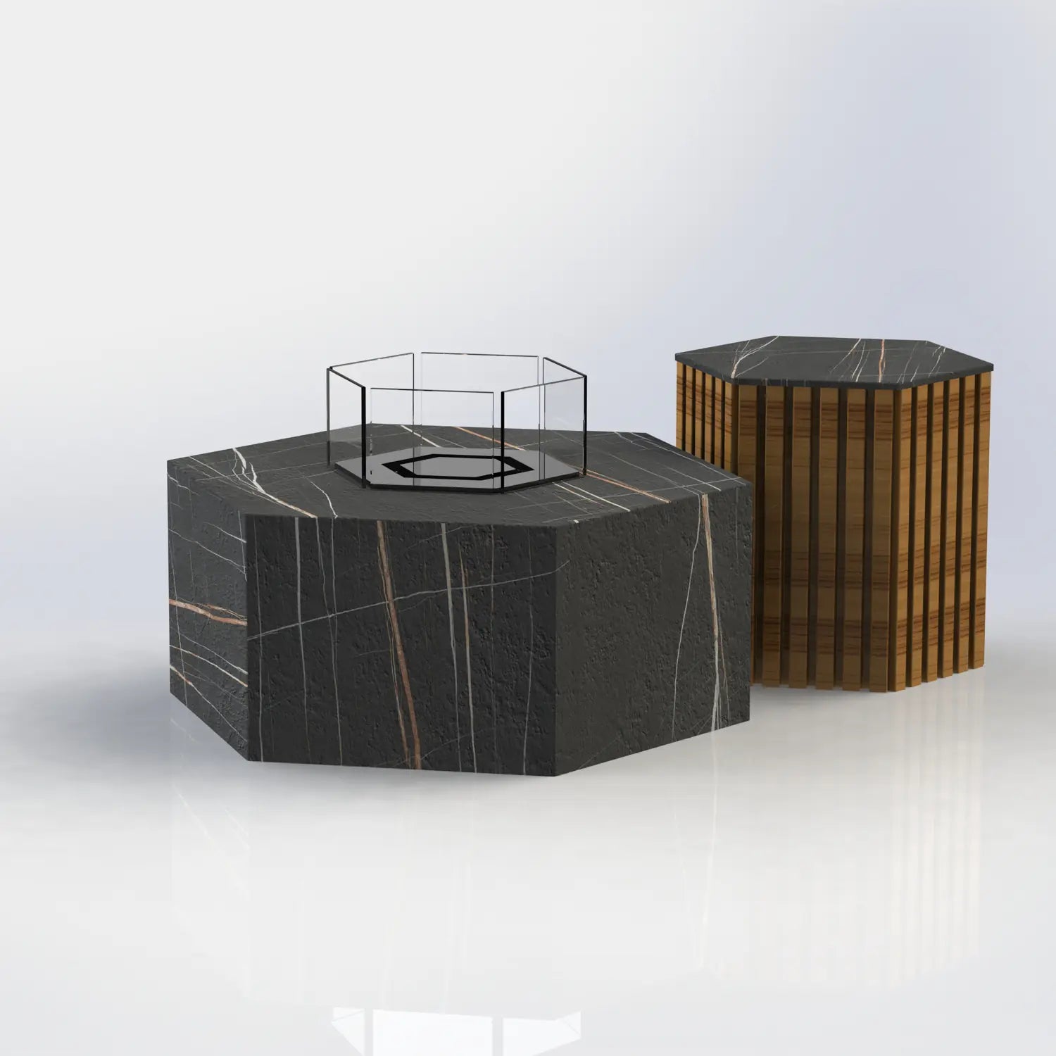Die Feuerstelle Hexty verbindet sechseckiges Design mit hochwertigen Keramikoberflächen und individuell wählbaren Metallfarben – ideal für exklusive Terrassen, Gärten und Poolbereiche.