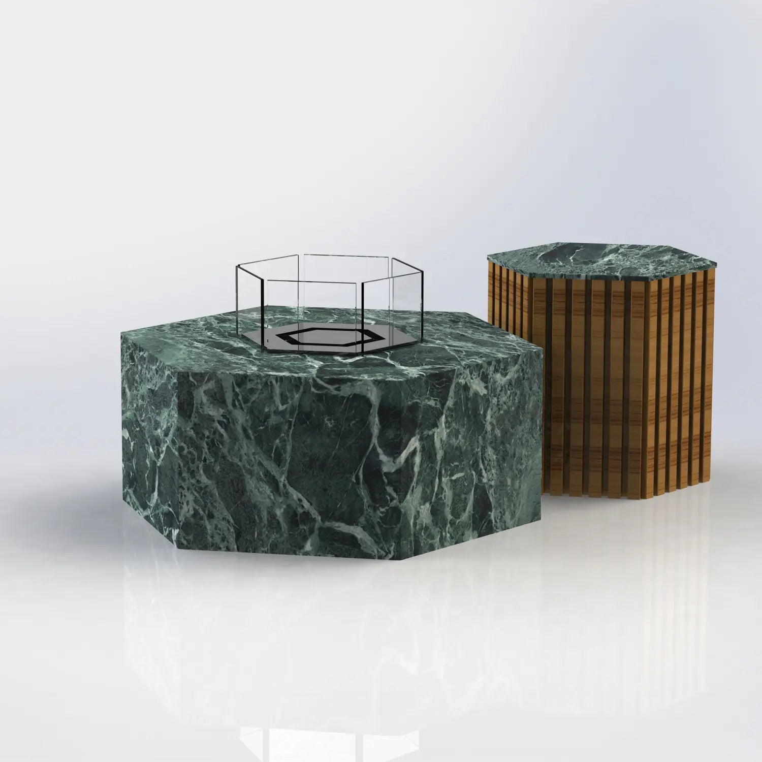 Die Feuerstelle Hexty verbindet sechseckiges Design mit hochwertigen Keramikoberflächen und individuell wählbaren Metallfarben – ideal für exklusive Terrassen, Gärten und Poolbereiche.