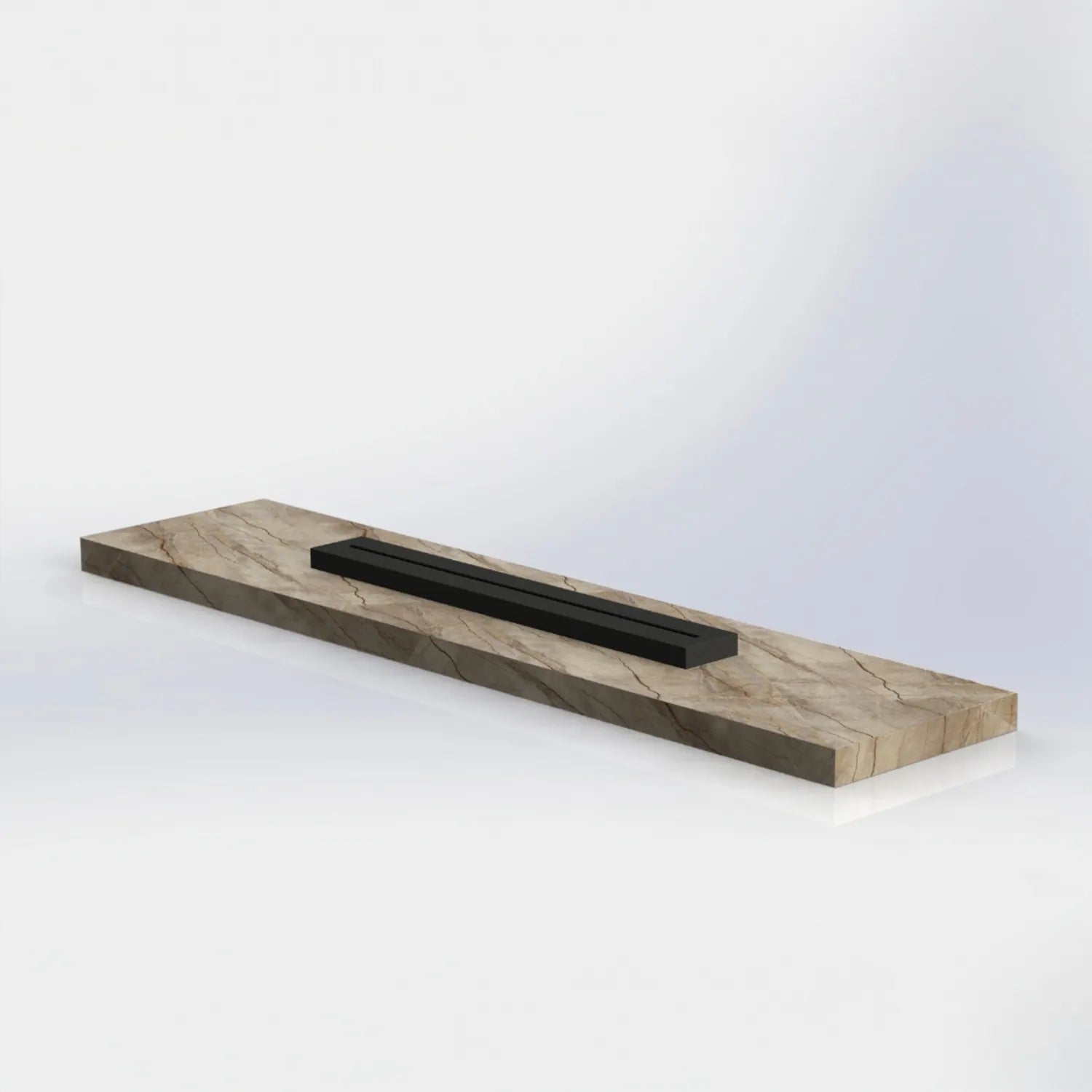 Moderne Design Feuerstelle Nuru für exklusive Terrassen und Gärten mit langer Feuerlinie, hochwertiger Keramikoberfläche und individuell konfigurierbarer Metallunterkonstruktion.