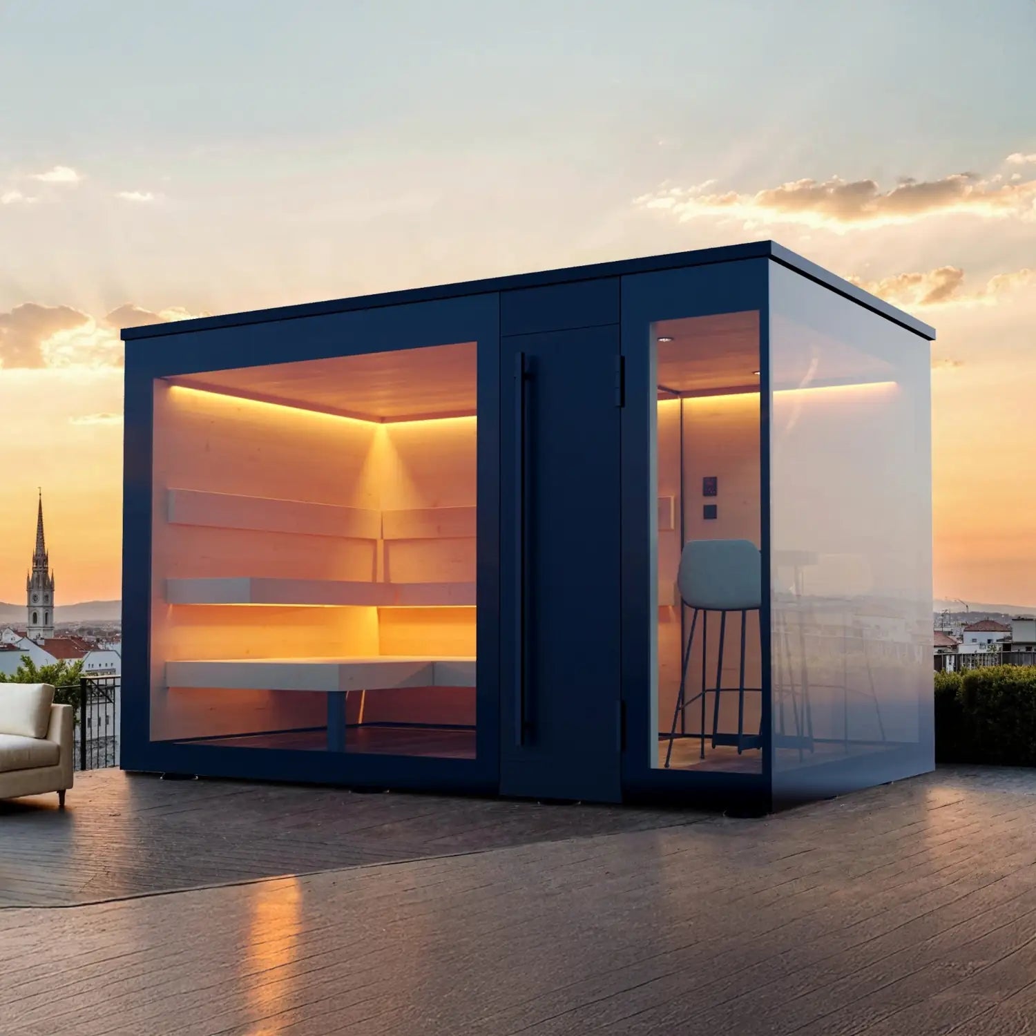 Gartensauna Meo Two mit integriertem Vorraum und moderner Fassadengestaltung im Außenbereich