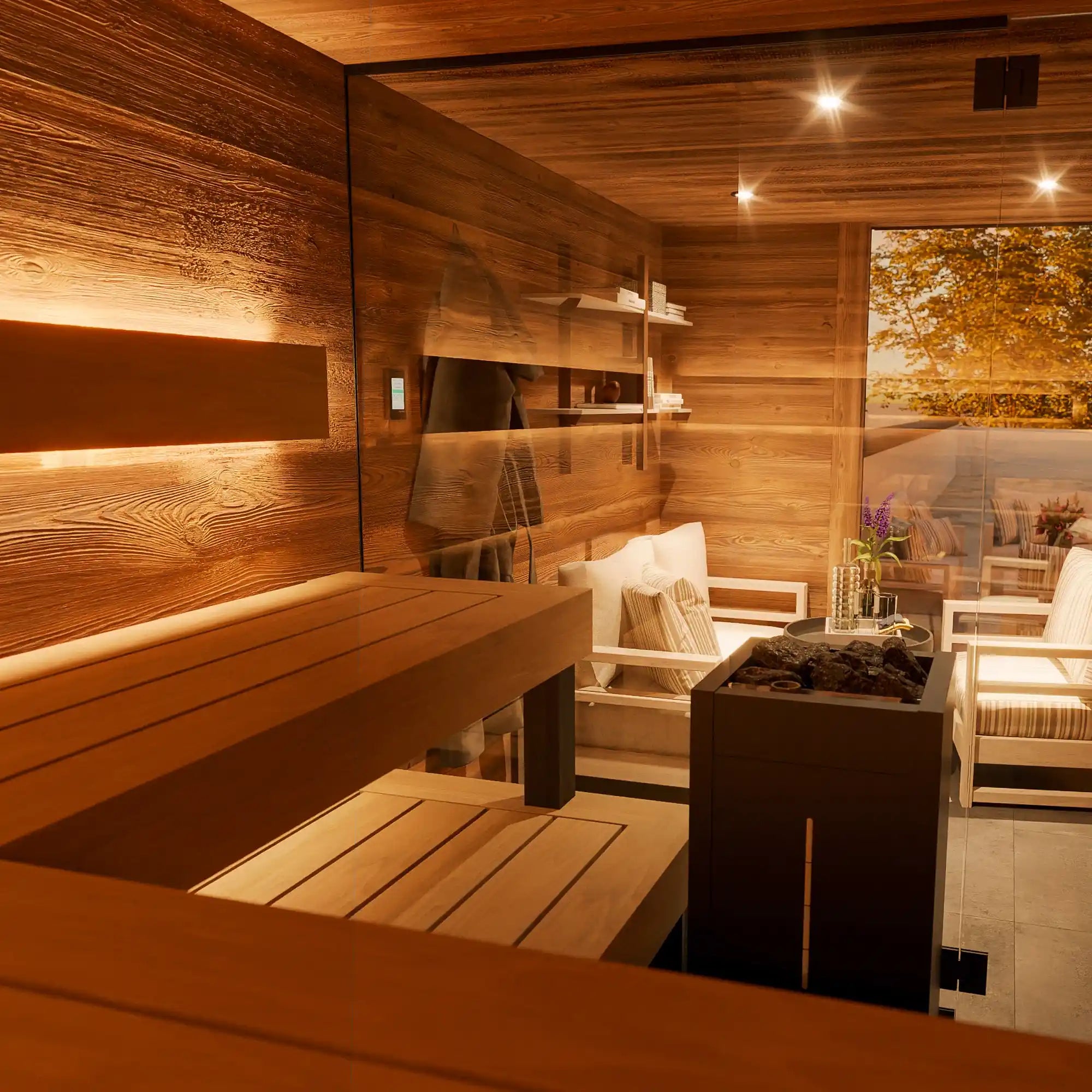 Individuell geplante Außensauna mit Glasfront und personalisierter Innenausstattung
