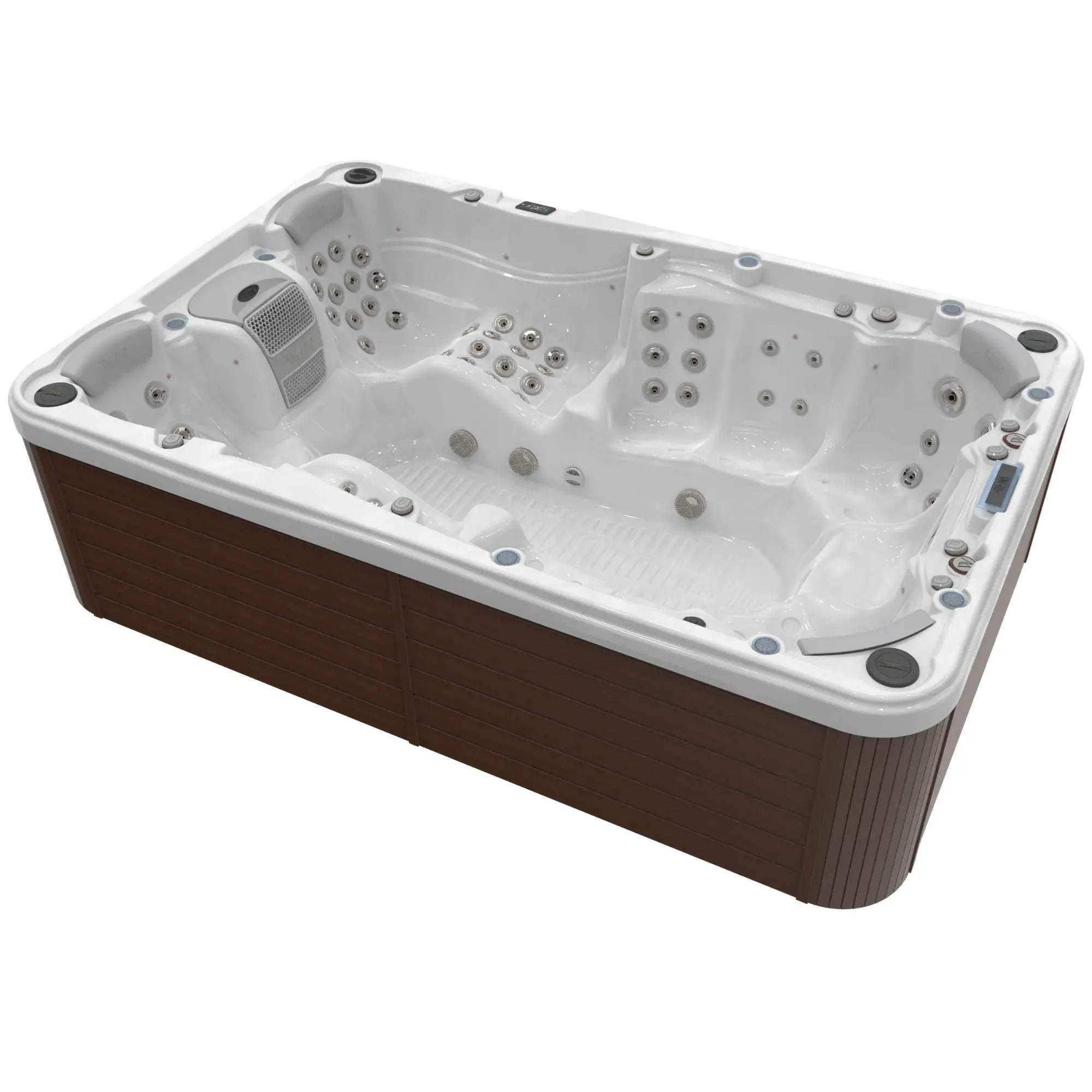 Whirlpool „Olympus Life” von Wellis verfügt über 9 Sitze, 88 Düsen, WLAN, LED-Lichter, Lichtdüsen, Soundsystem, SmartTouch Bedienfeld und ein Rollcover. 