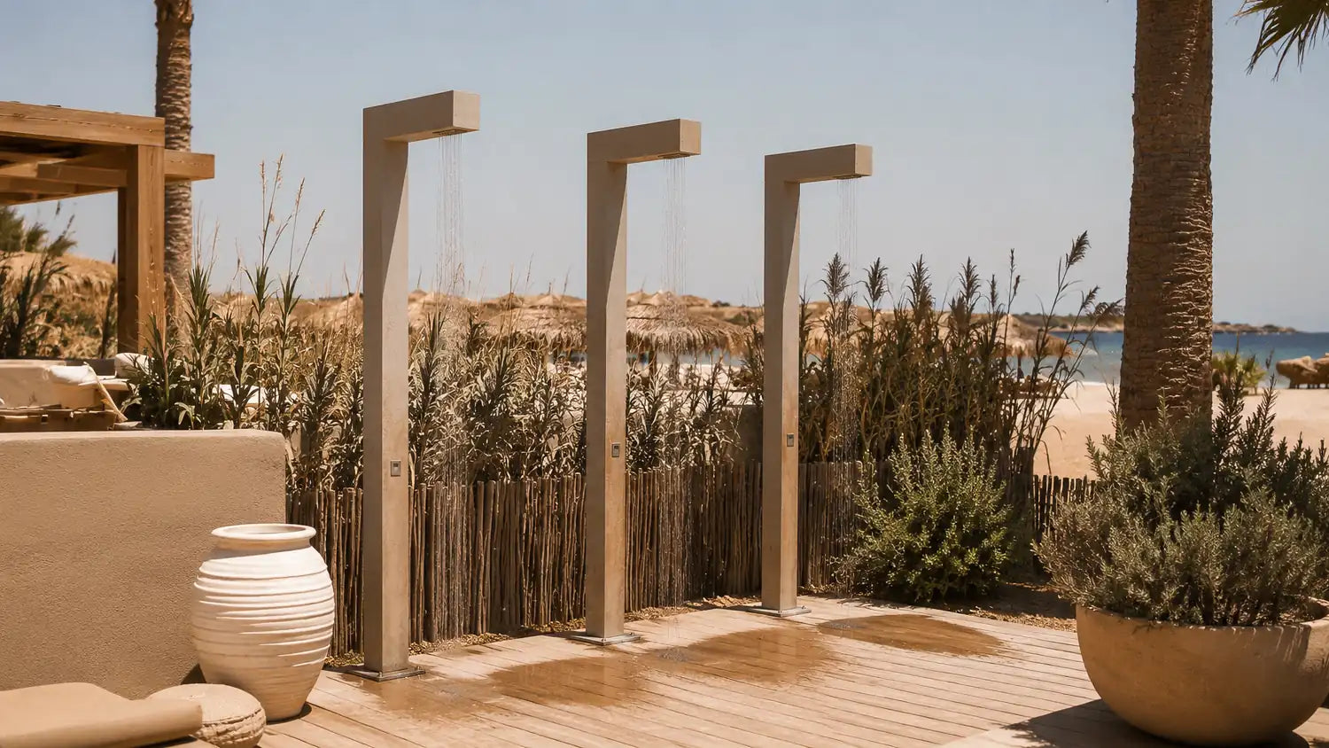 MALLA Außendusche verbindet eine besonders schlanke Formensprache mit präziser Geometrie und zeitloser Architektur. In Kroatien gefertigt aus Kanfanar-Naturstein oder Marazzi Feinsteinzeug, lässt sie sich individuell in Material, Oberfläche und Ausstattung konfigurieren. Ihr geradliniger Aufbau wirkt leicht und zurückhaltend, setzt zugleich jedoch einen markanten architektonischen Akzent und eignet sich für exklusive Privatgärten, Villen, Hotels, Beach Clubs sowie hochwertige Pool- und Terrassenprojekte.
