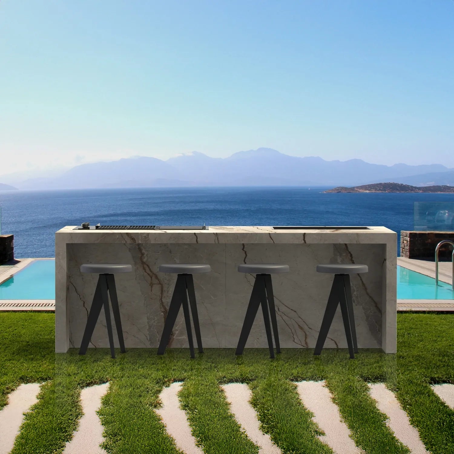 Outdoor Küche Riva auf Terrasse mit Pool und Meerblick