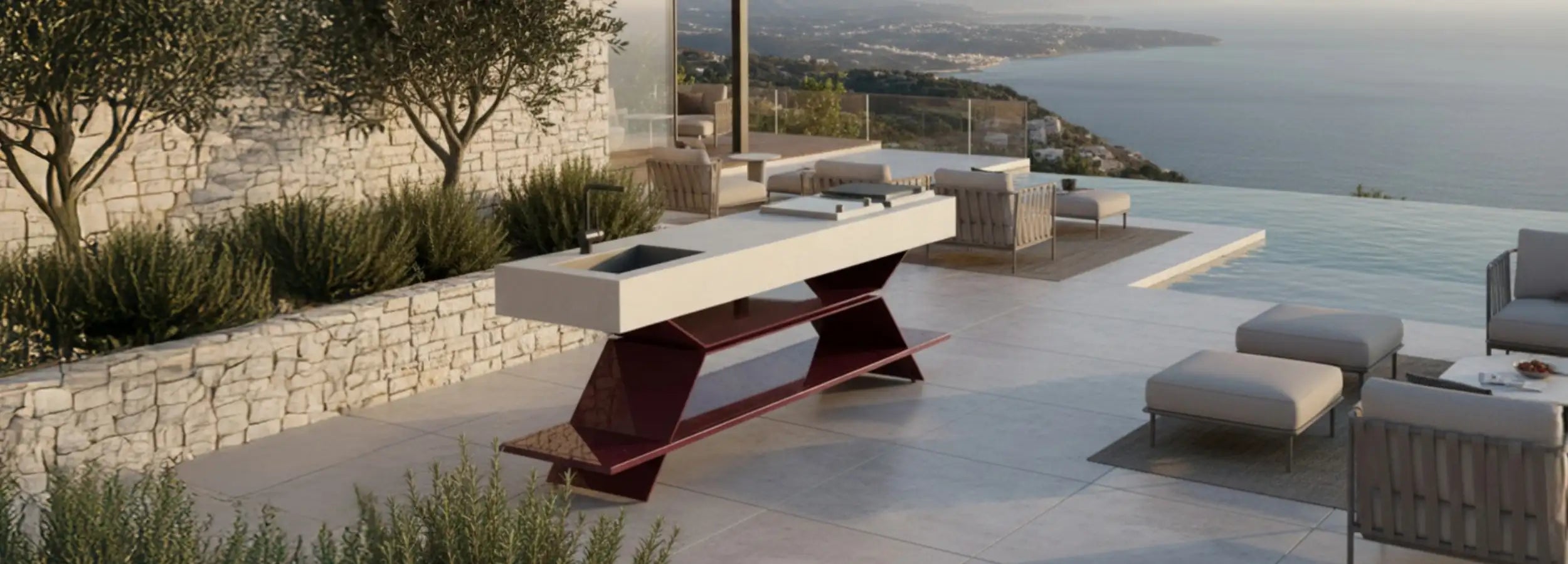 Outdoor Küche auf moderner Terrasse mit Meerblick und modernem Design 