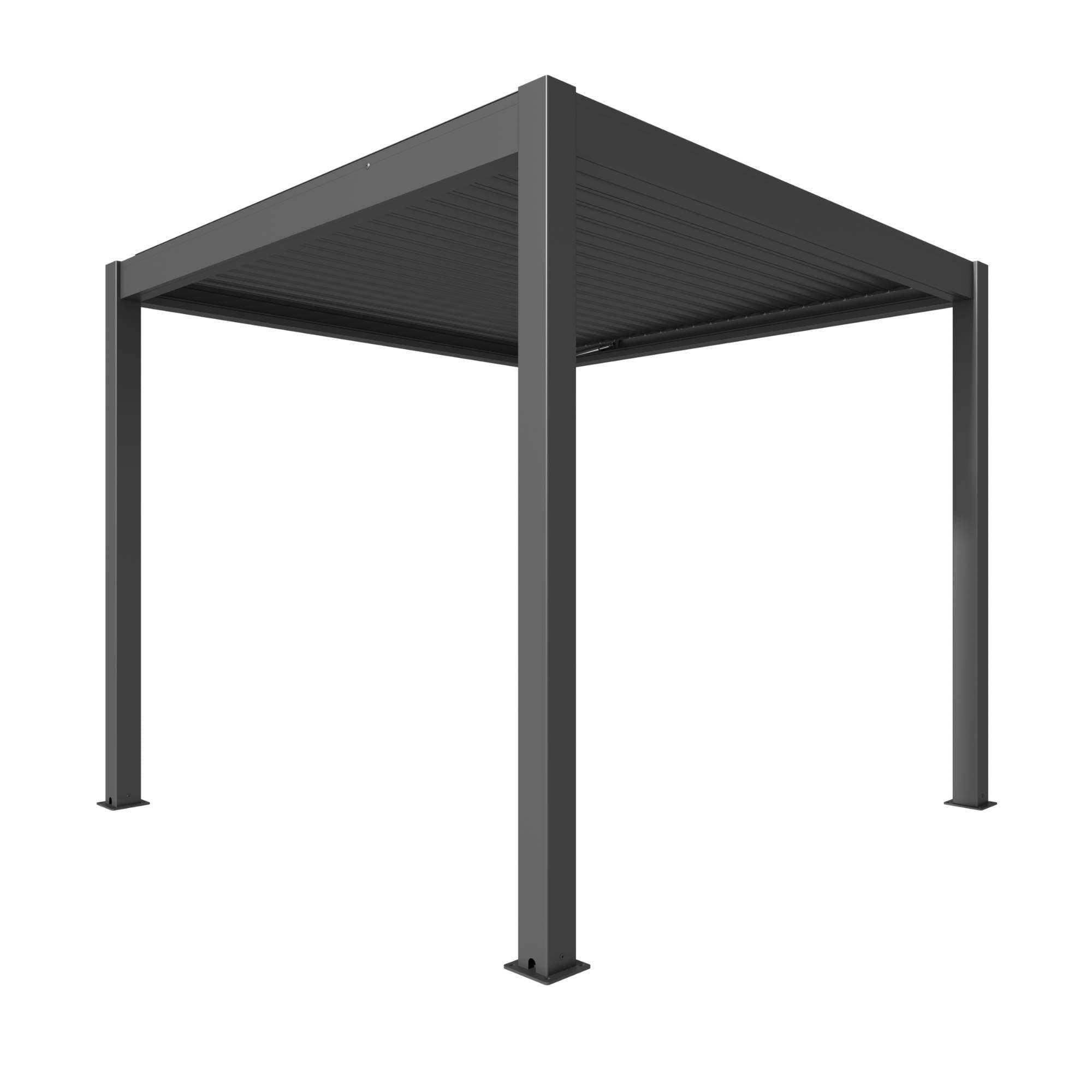 Die Pergola MotionFlex 300 von Wellis verfügt über einen Aluminiumrahmen in Mattanthrazit, elektrische Lamellen, eine integrierte LED-Beleuchtung und eine optionale Seitenbeschattung.