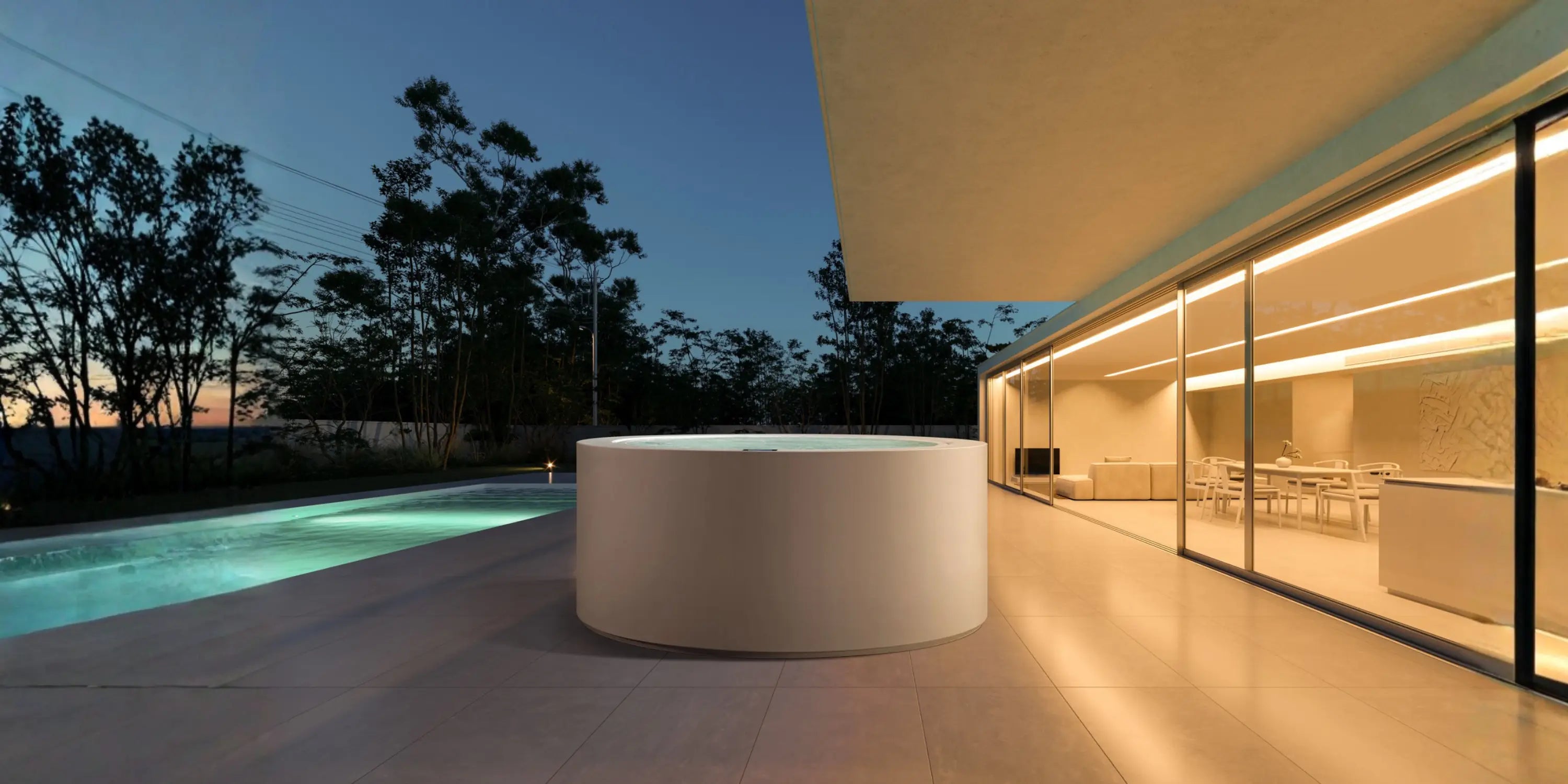 Runder Ueberlauf Whirlpool, monderne Terrasse 