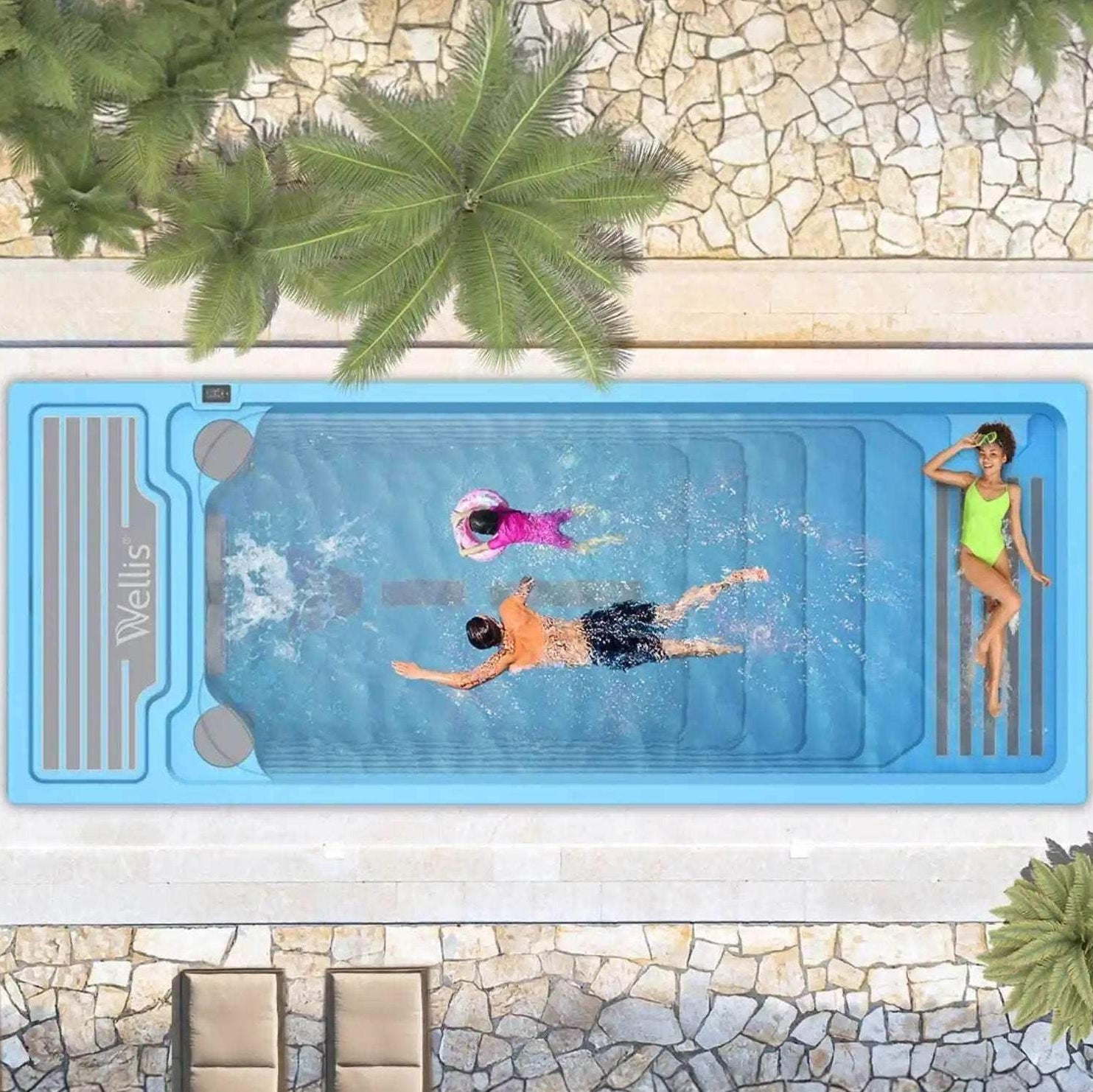 Erleben Sie maximalen Komfort mit dem Wellis Beach Club Swim Spa. Er verfügt über bis zu drei Gegenstromdüsen, eine SmartTouch-Steuerung und ein Filtersystem. Bei Azura Spa & Living auf Mallorca.