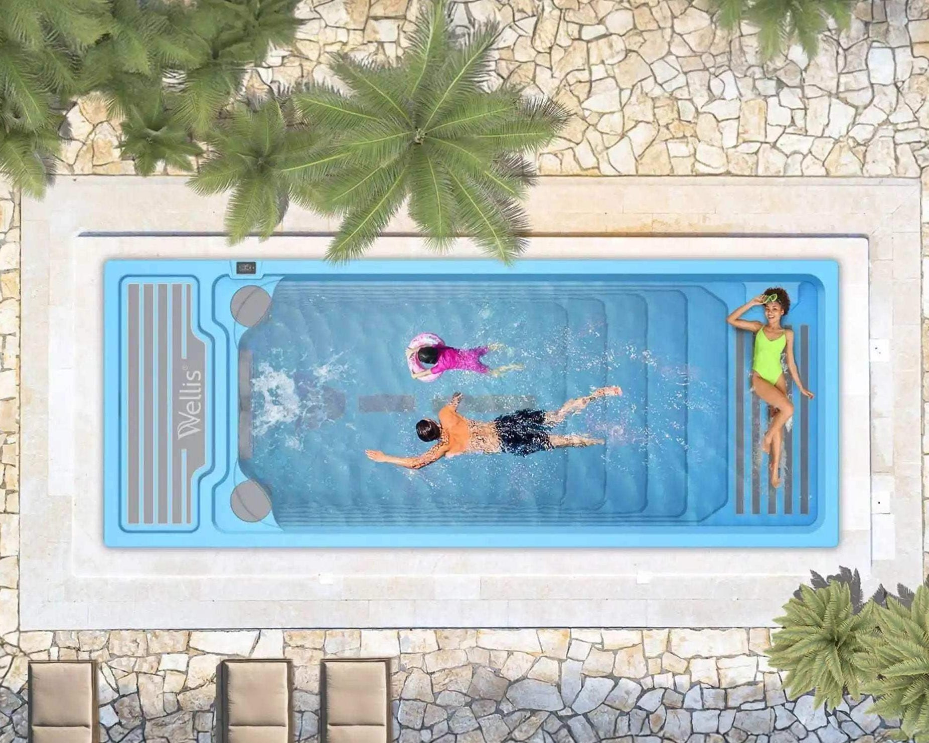 Erleben Sie maximalen Komfort mit dem Wellis Beach Club Swim Spa. Er verfügt über bis zu drei Gegenstromdüsen, eine SmartTouch-Steuerung und ein Filtersystem. Bei Azura Spa & Living auf Mallorca.