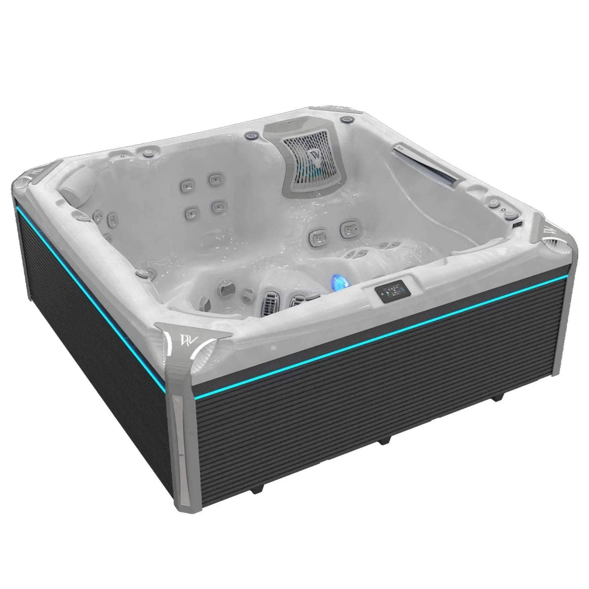  Wellis Kilimanjaro Life Whirlpool mit sechs Plätzen, 59 Massagedüsen, Infinity-Jets, Soundsystem und Wifi-Smart-Steuerung.