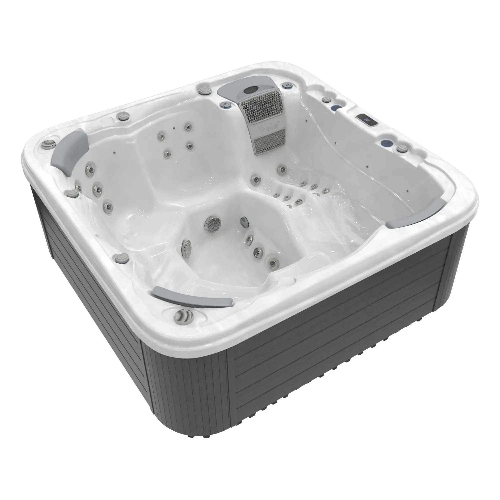 Whirlpool „Lugano Life” von Wellis mit 6 Plätzen, 52 Massagedüsen, LED-Beleuchtung, Soundsystem, 3 kW Heizung und Smart-WiFi-Steuerung. 