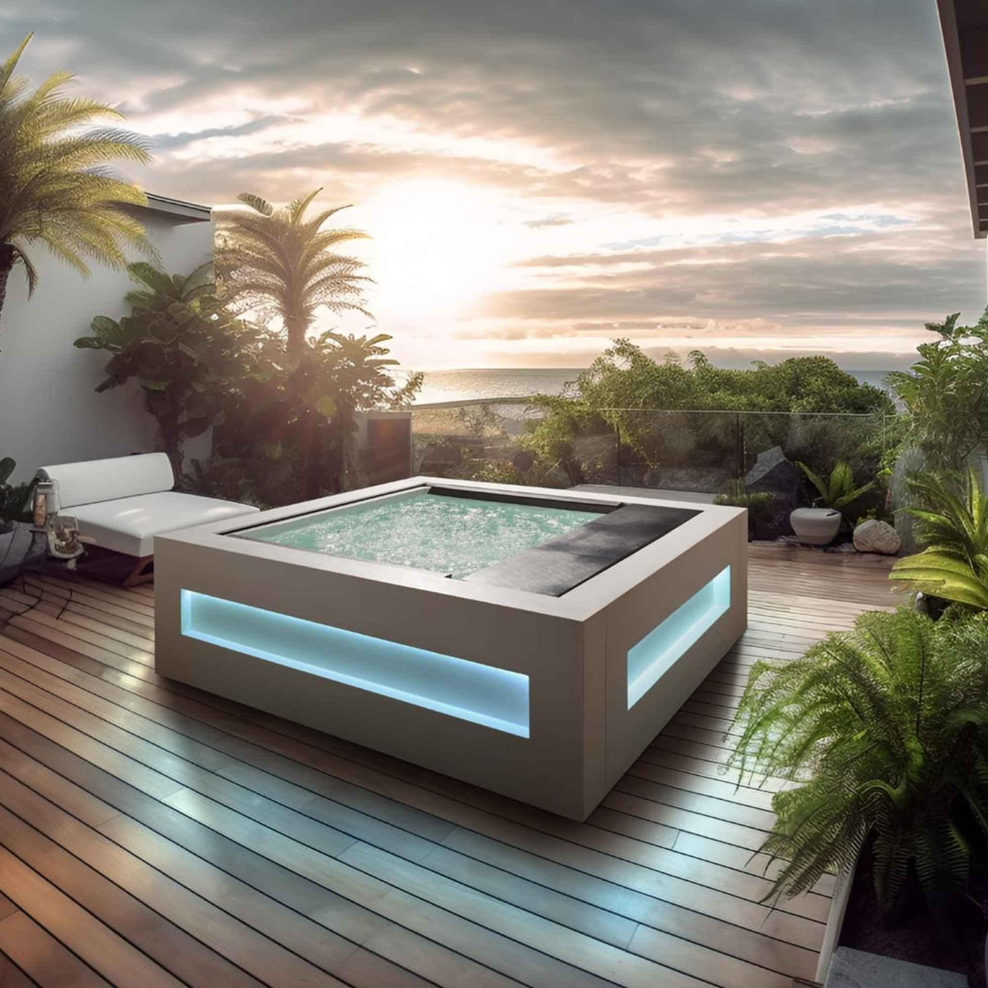 Whirlpool „The Solid“ von Paolo Ferralli mit Champagnerkühler, exklusives Design für den Außenbereich, erhältlich bei AZURA SPA & LIVING.